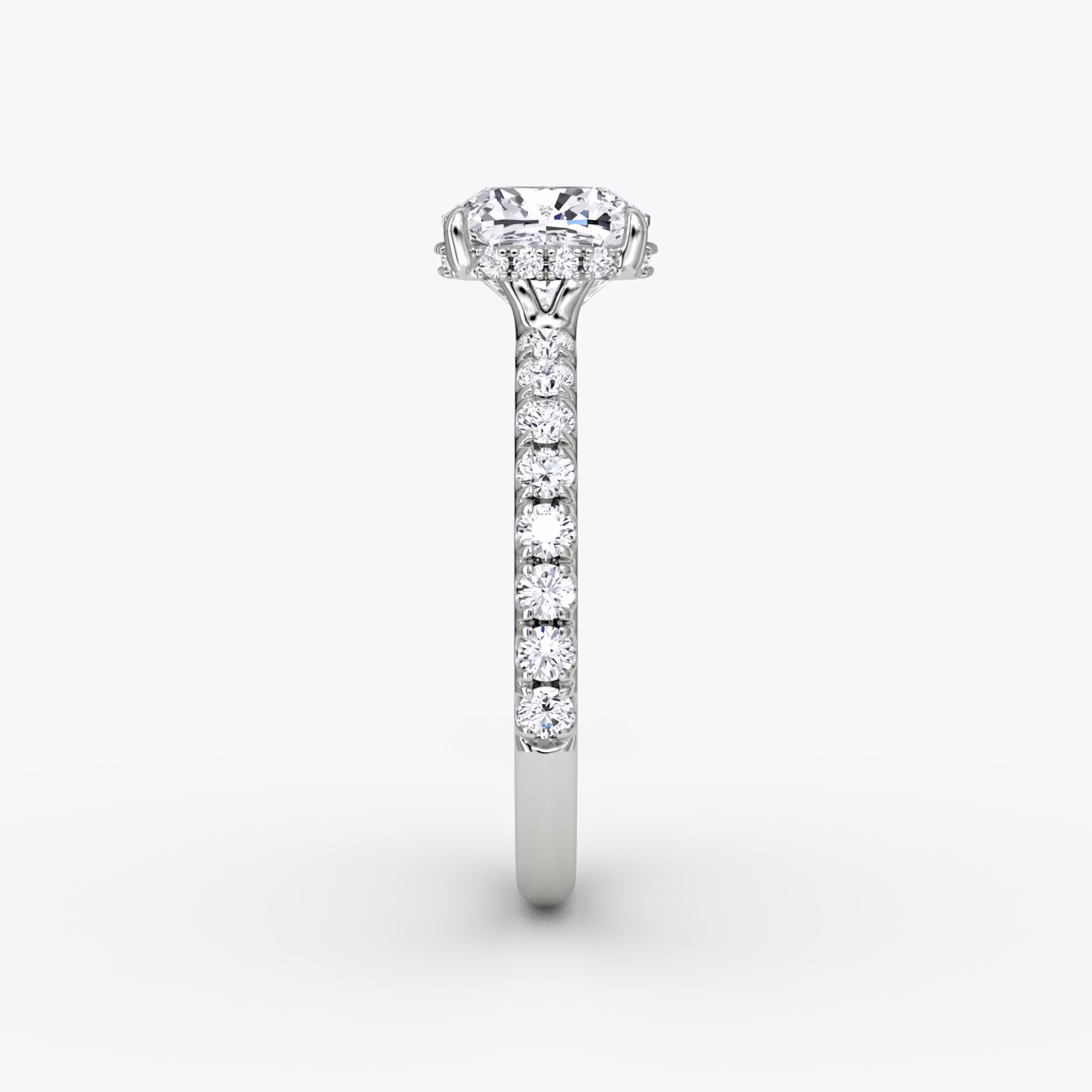 The Signature | Cushion | 18k | White Gold | bandAccent: Pavé | bandWidth: large | hiddenHalo: yes | diamondOrientation: vertical | caratWeight: other