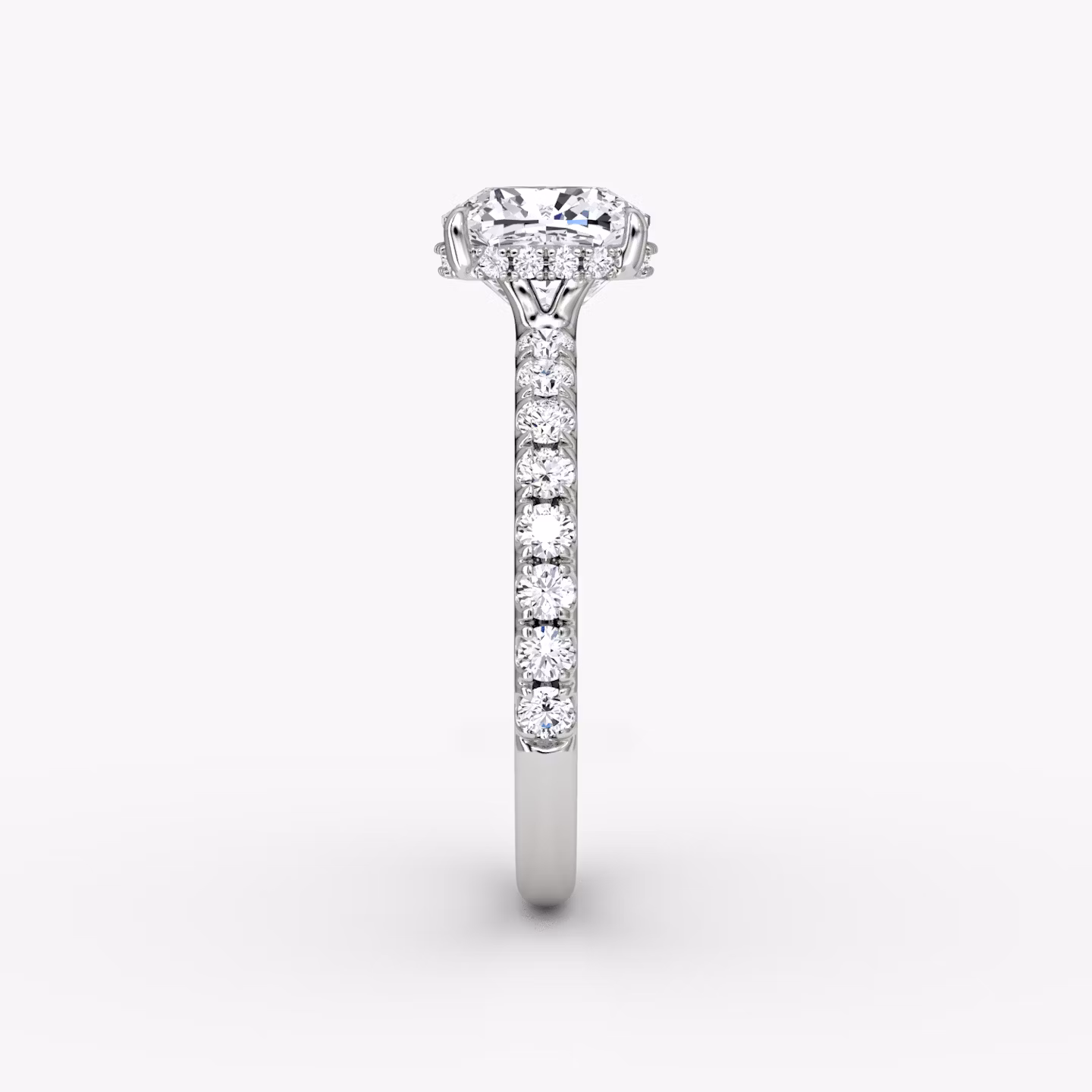 The Signature | Cushion | 18k | White Gold | bandAccent: Pavé | bandWidth: large | hiddenHalo: yes | diamondOrientation: vertical | caratWeight: other