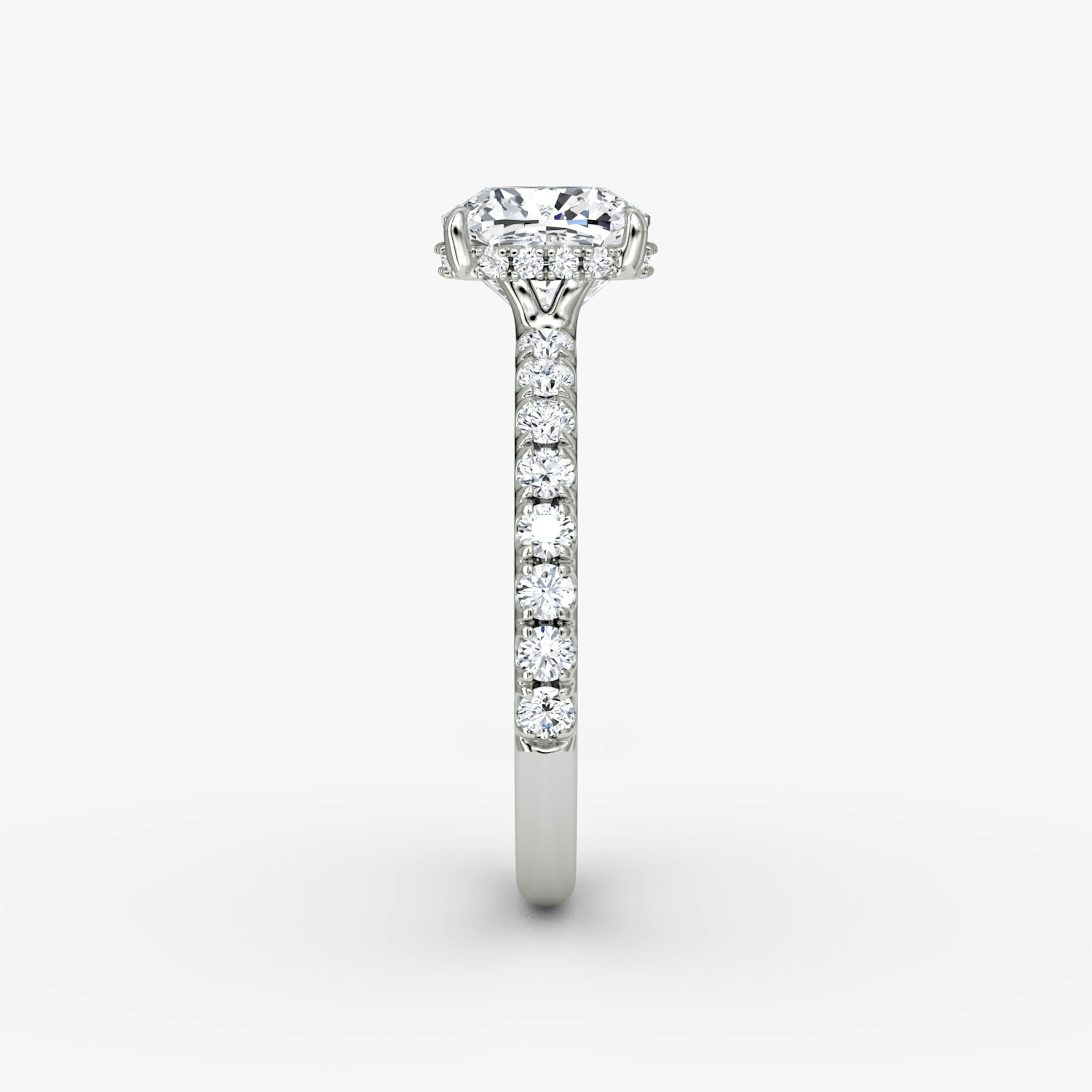 The Signature | Cushion | 18k | White Gold | bandAccent: Pavé | bandWidth: large | hiddenHalo: yes | diamondOrientation: vertical | caratWeight: other