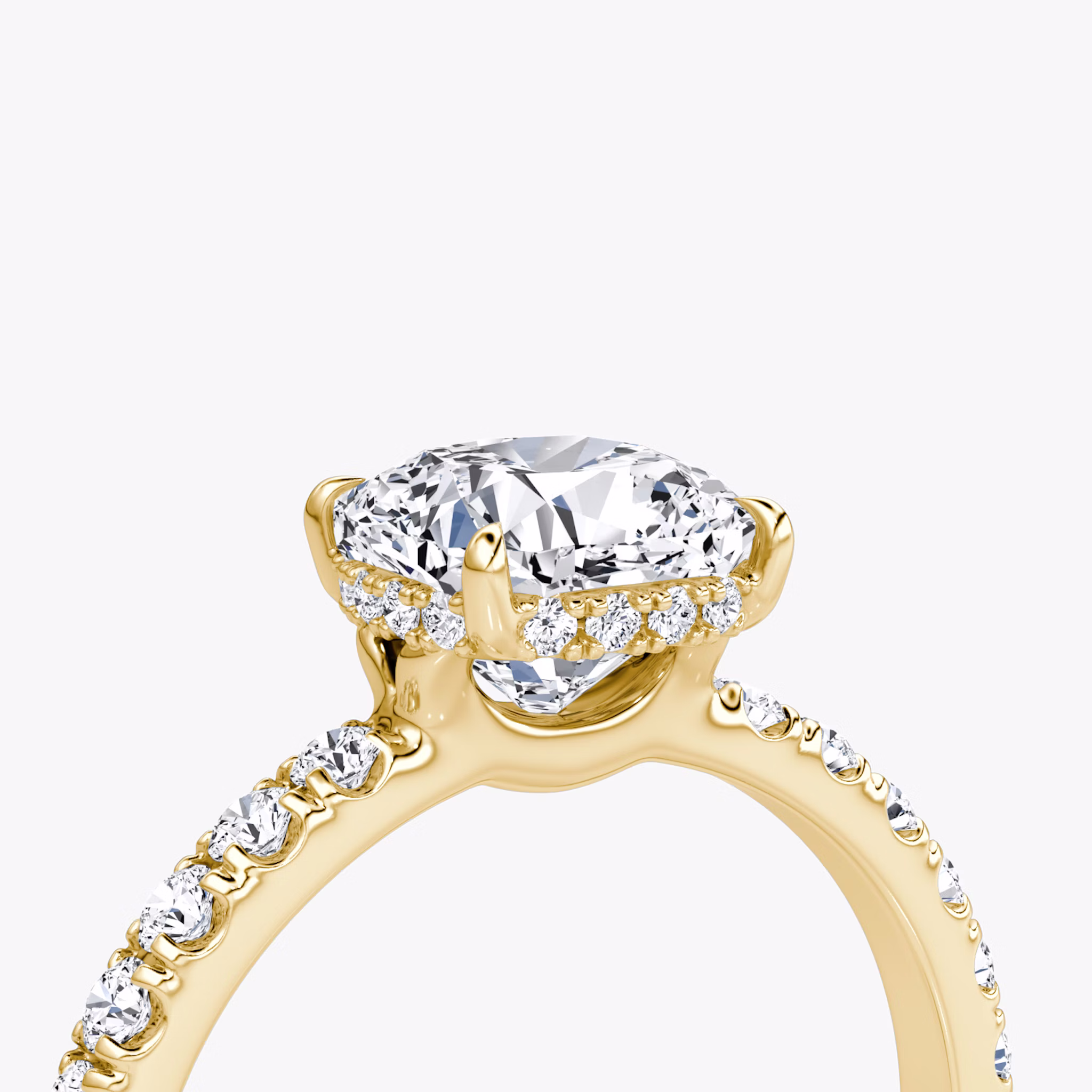 The Signature | Cushion | 18k | Yellow Gold | bandAccent: Pavé | bandWidth: large | hiddenHalo: yes | diamondOrientation: vertical | caratWeight: other