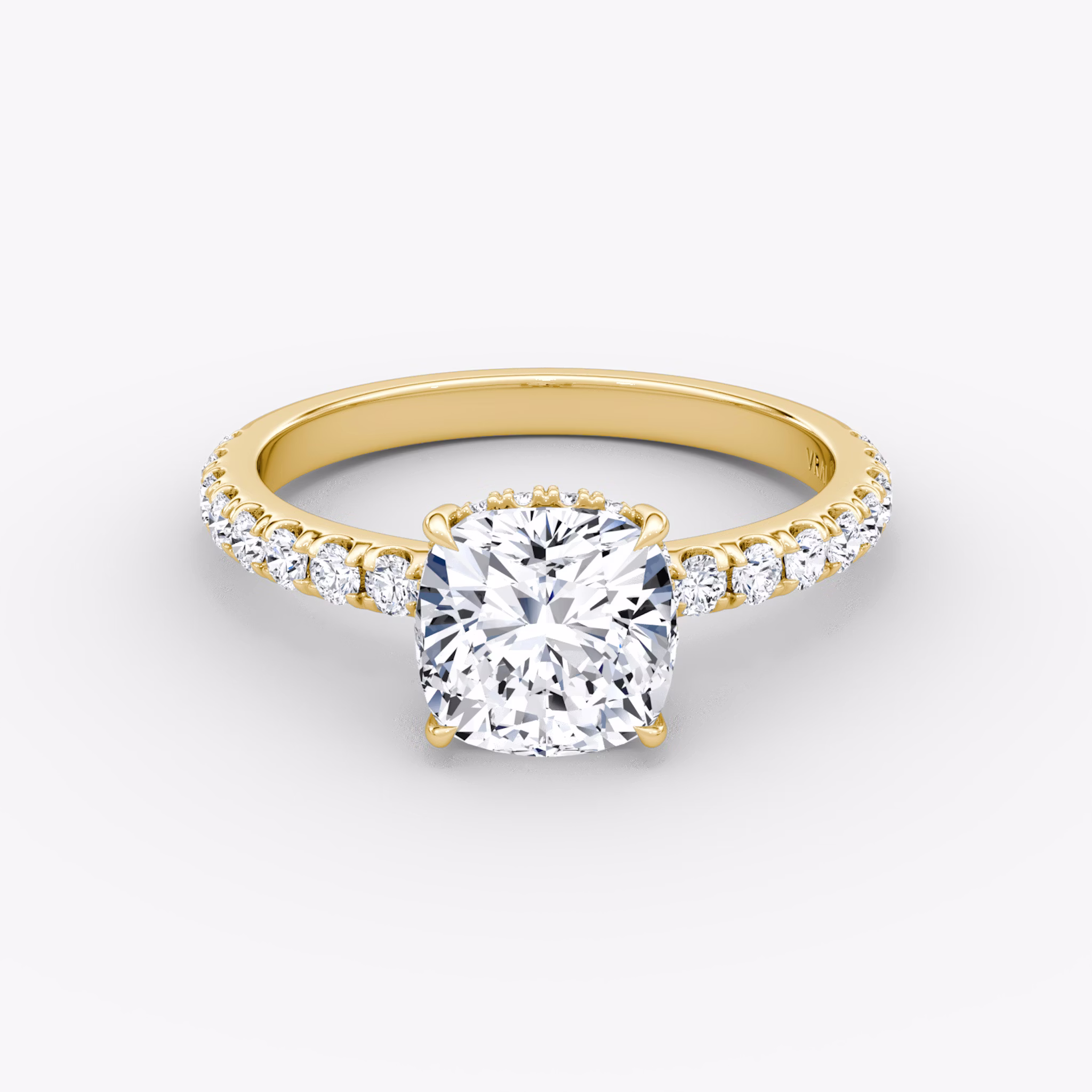The Signature | Cushion | 18k | Yellow Gold | bandAccent: Pavé | bandWidth: large | hiddenHalo: yes | diamondOrientation: vertical | caratWeight: other