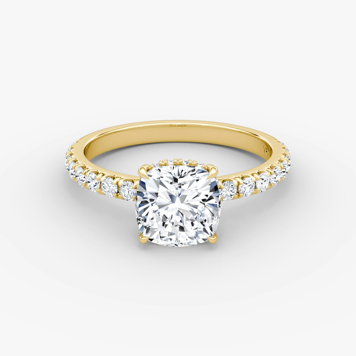 The Signature | Cushion | 18k | Yellow Gold | bandAccent: Pavé | bandWidth: large | hiddenHalo: yes | diamondOrientation: vertical | caratWeight: other
