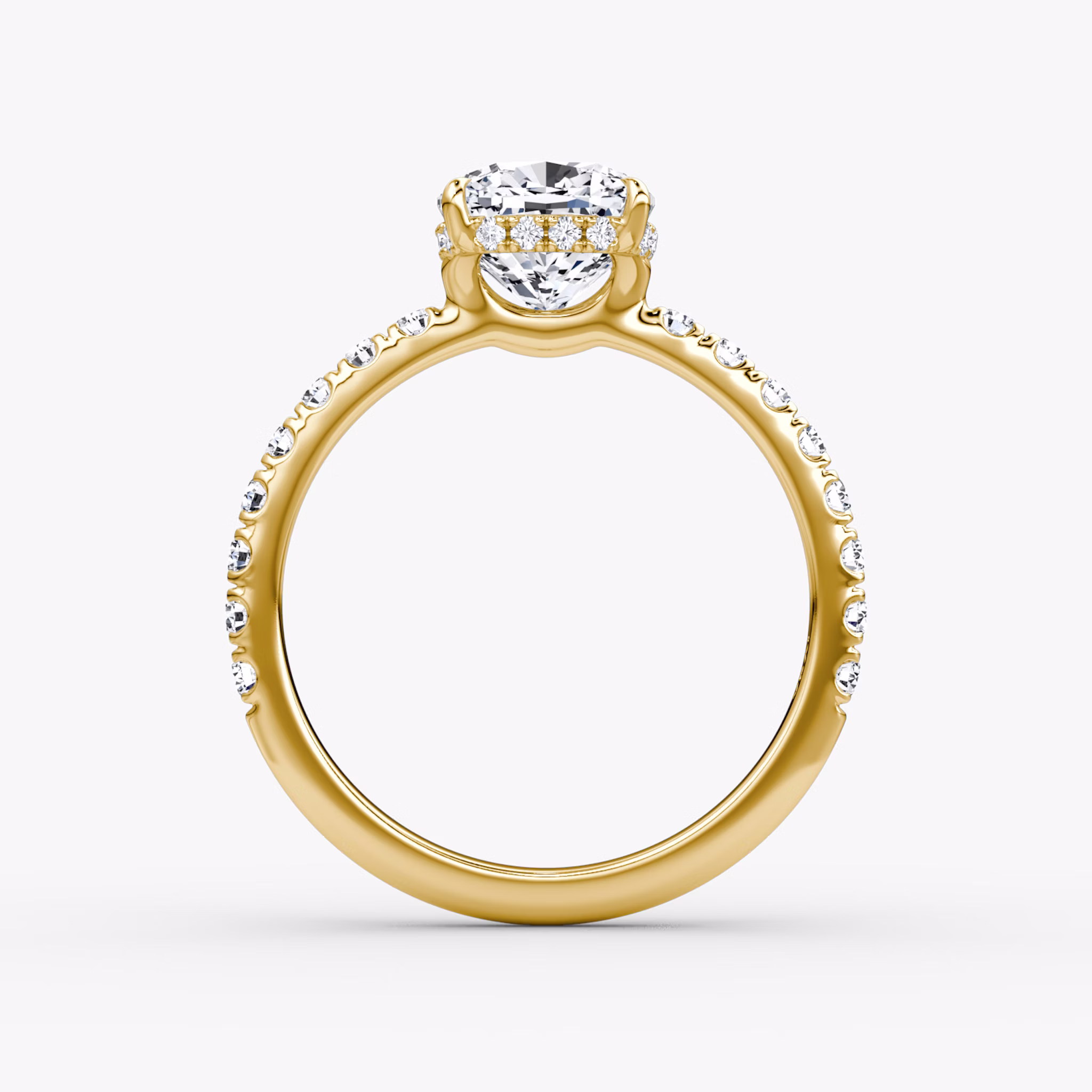 The Signature | Cushion | 18k | Yellow Gold | bandAccent: Pavé | bandWidth: large | hiddenHalo: yes | diamondOrientation: vertical | caratWeight: other