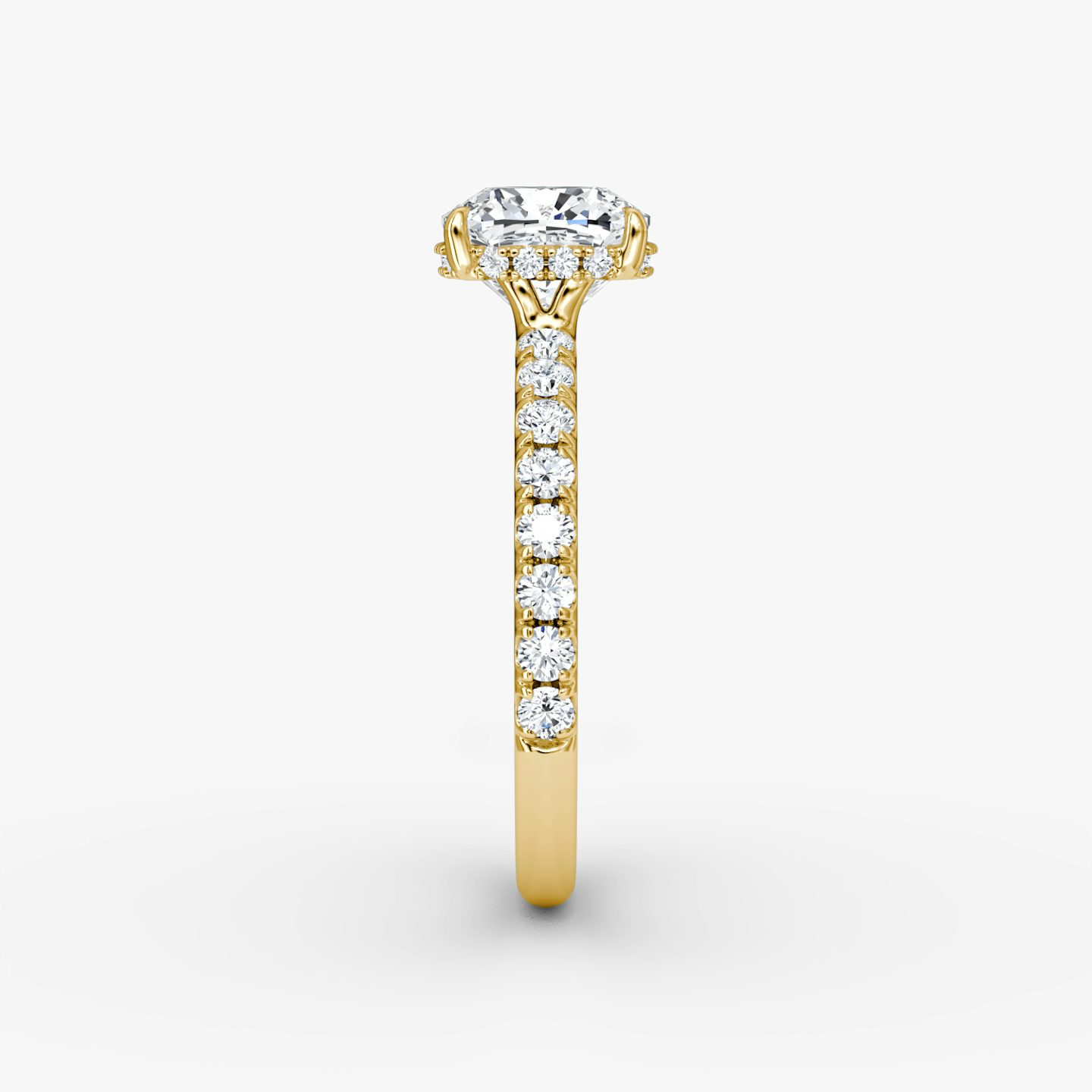 The Signature | Cushion | 18k | Yellow Gold | bandAccent: Pavé | bandWidth: large | hiddenHalo: yes | diamondOrientation: vertical | caratWeight: other