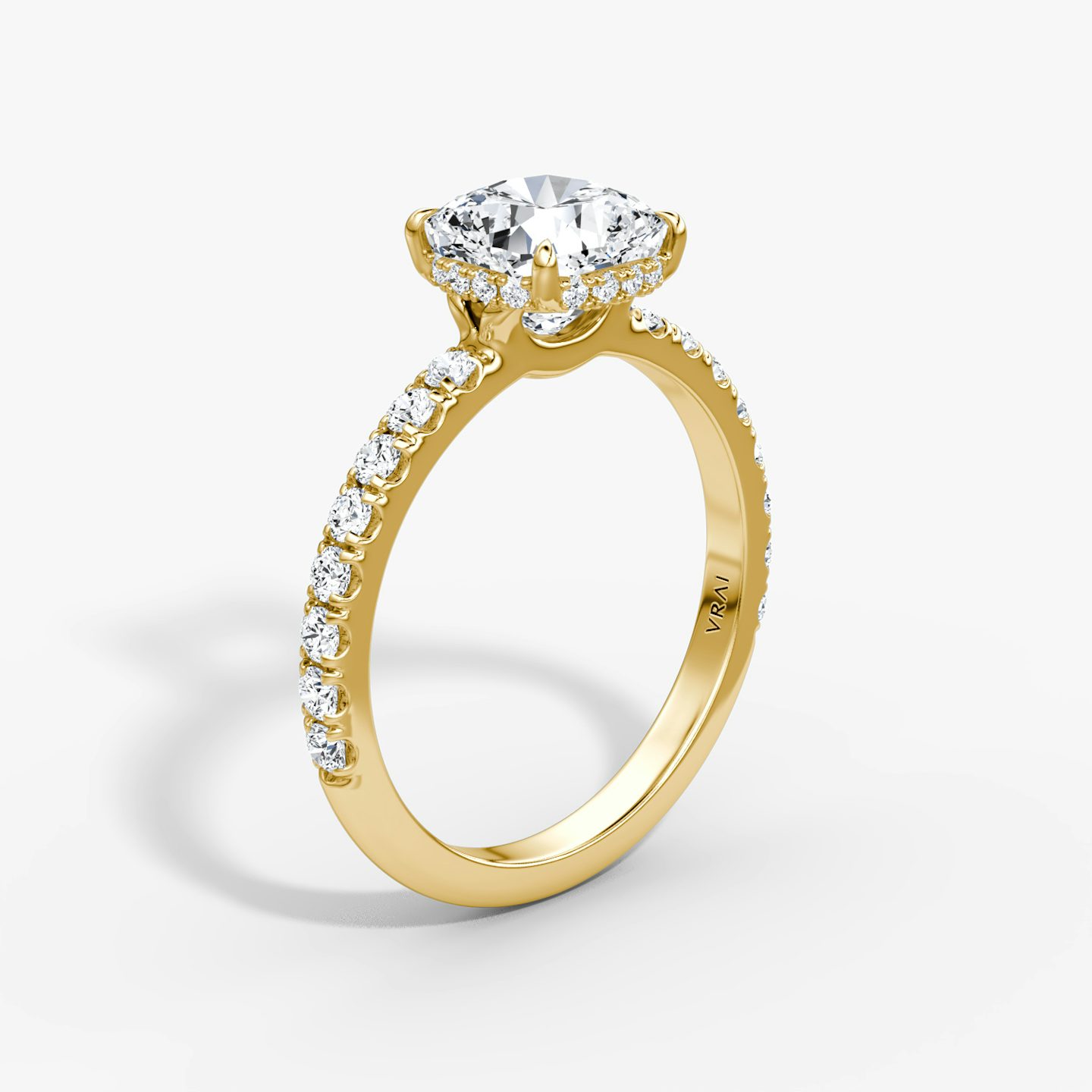 The Signature | Cushion | 18k | Yellow Gold | bandAccent: Pavé | bandWidth: large | hiddenHalo: yes | diamondOrientation: vertical | caratWeight: other