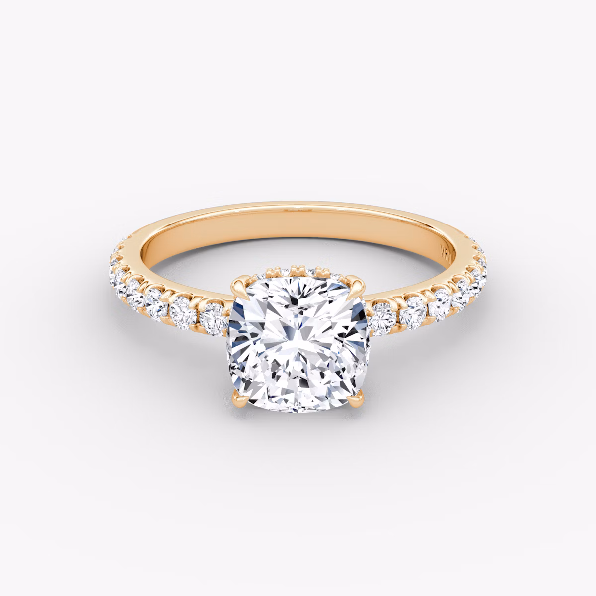 The Signature | Cushion | 14k | Rose Gold | bandAccent: Pavé | bandWidth: large | hiddenHalo: yes | diamondOrientation: horizontal | caratWeight: other