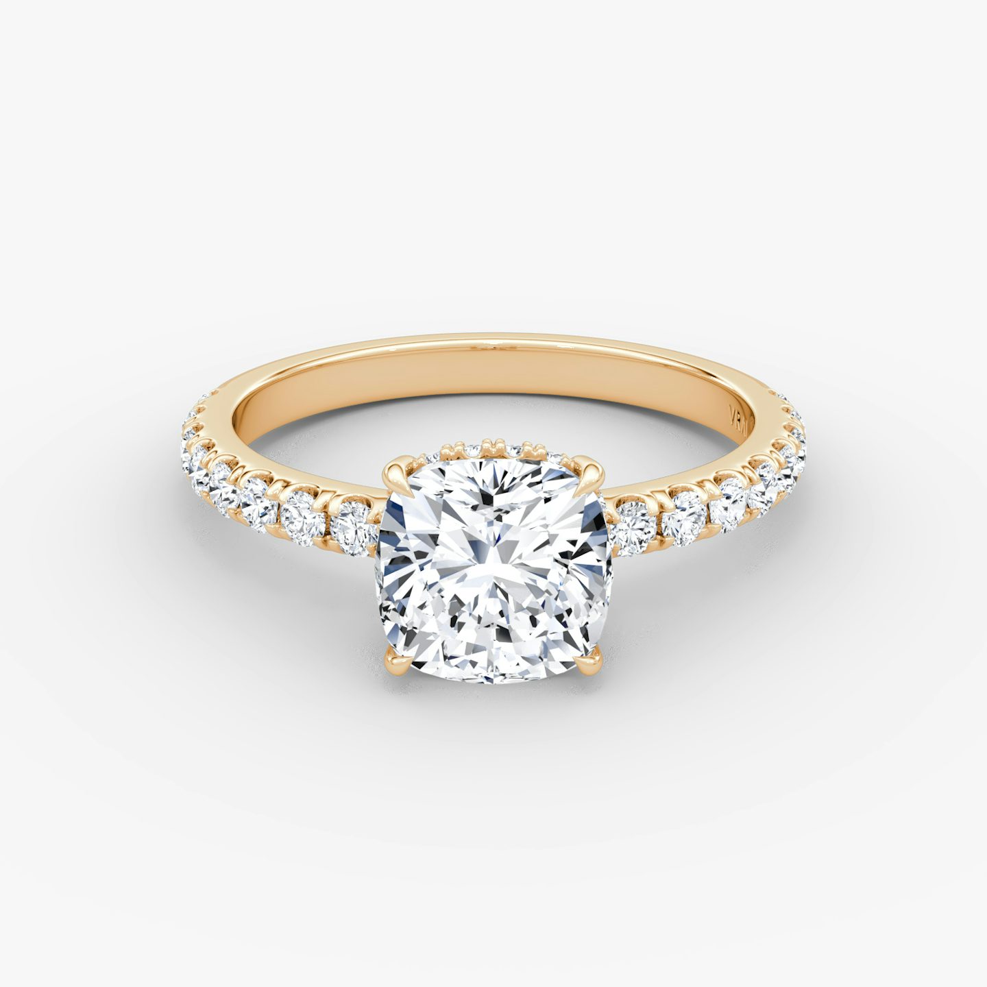 The Signature | Cushion | 14k | Rose Gold | bandAccent: Pavé | bandWidth: large | hiddenHalo: yes | diamondOrientation: vertical | caratWeight: other