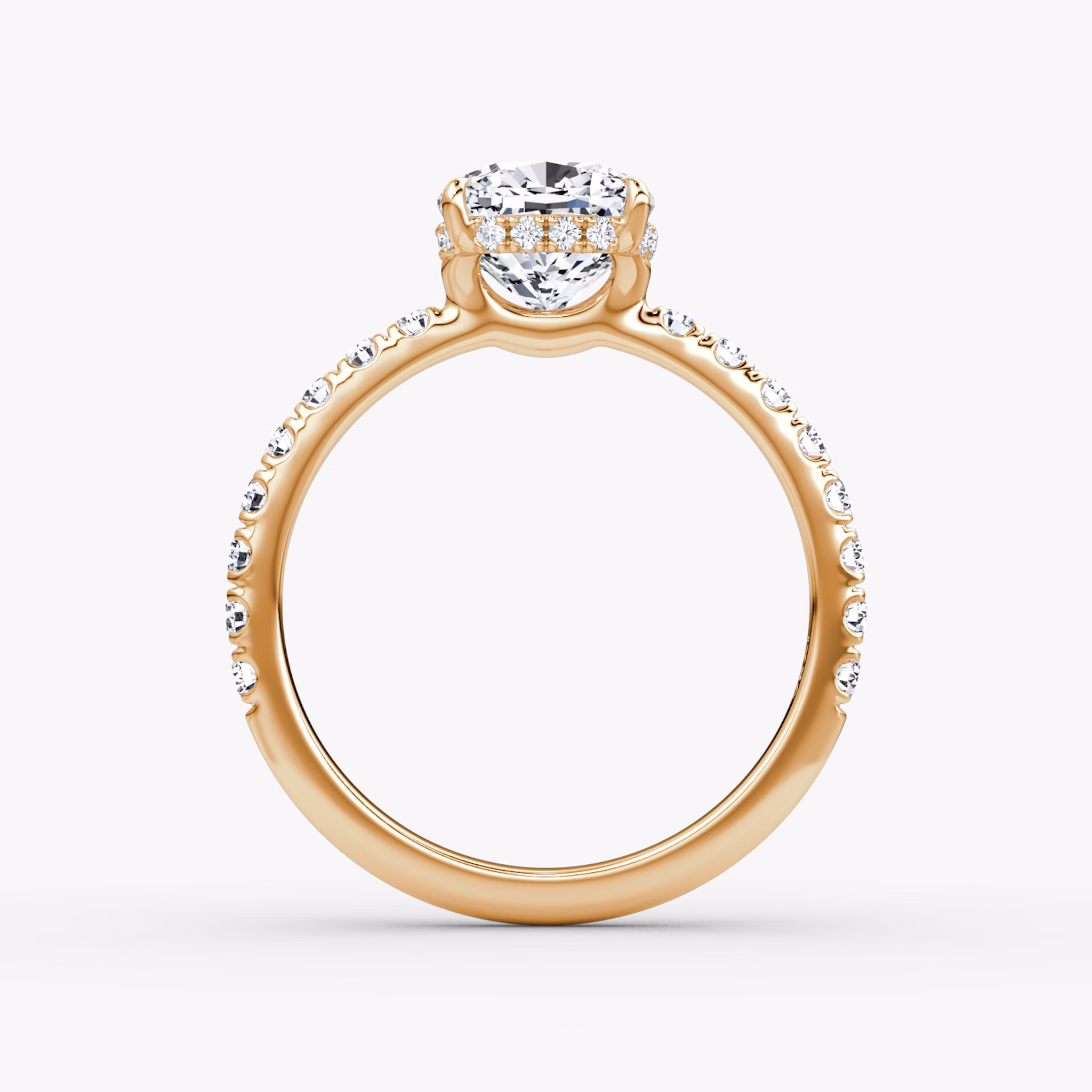 The Signature | Cushion | 14k | Rose Gold | bandAccent: Pavé | bandWidth: large | hiddenHalo: yes | diamondOrientation: vertical | caratWeight: other