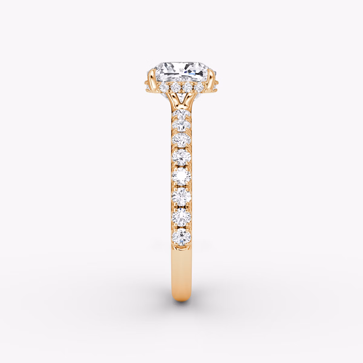 The Signature | Cushion | 14k | Rose Gold | bandAccent: Pavé | bandWidth: large | hiddenHalo: yes | diamondOrientation: horizontal | caratWeight: other