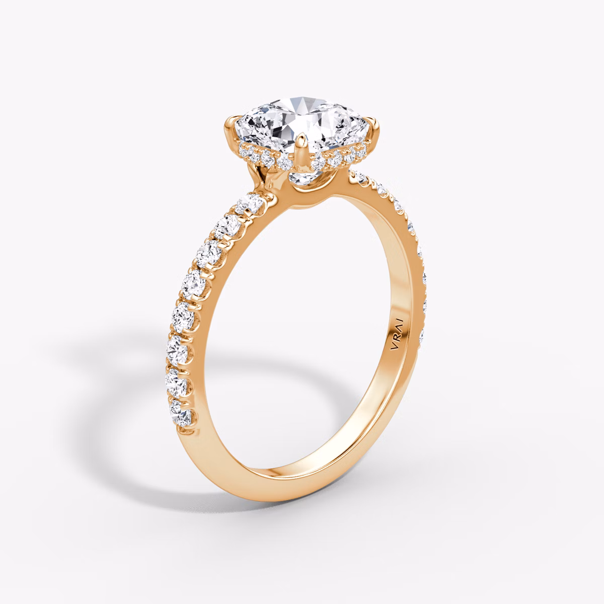 The Signature | Cushion | 14k | Rose Gold | bandAccent: Pavé | bandWidth: large | hiddenHalo: yes | diamondOrientation: horizontal | caratWeight: other