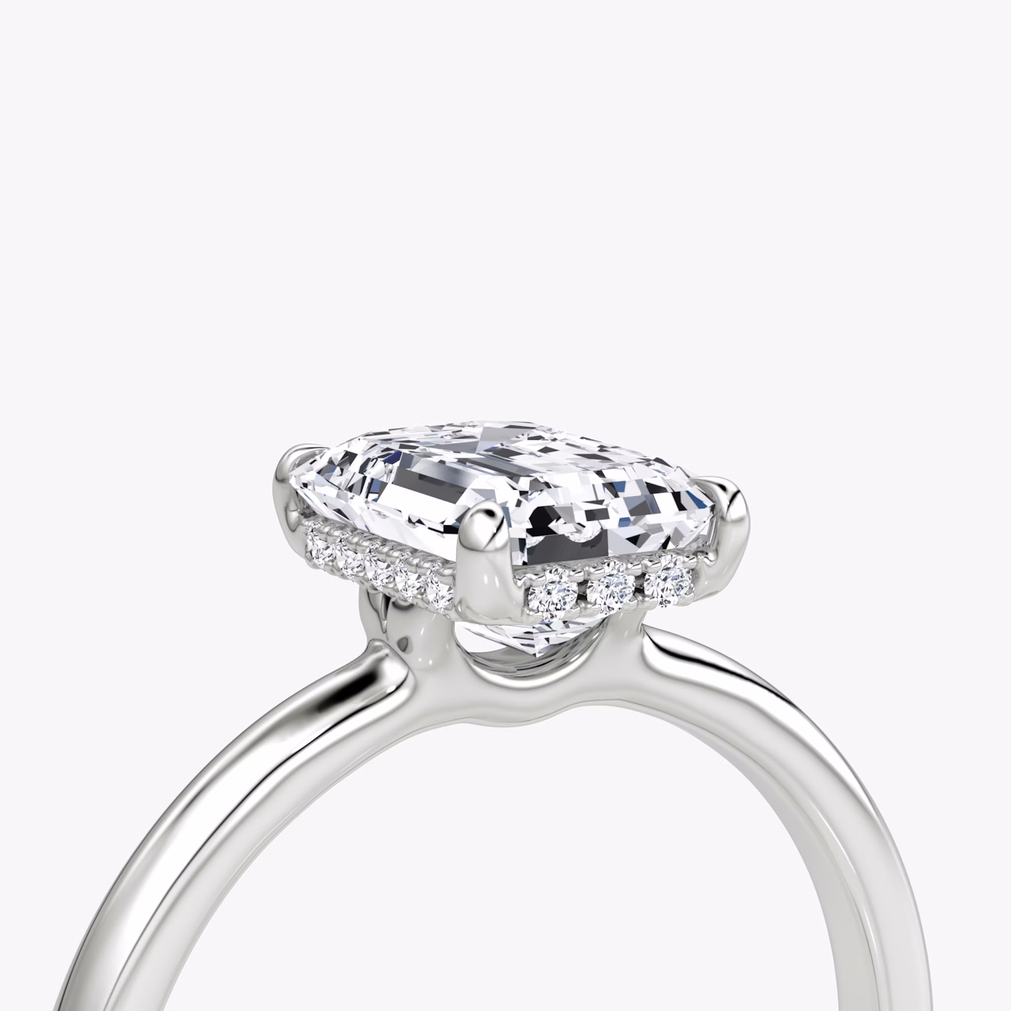 The Signature | Emerald | 18k | White Gold | bandAccent: Plain | bandWidth: large | hiddenHalo: yes | diamondOrientation: vertical | caratWeight: other