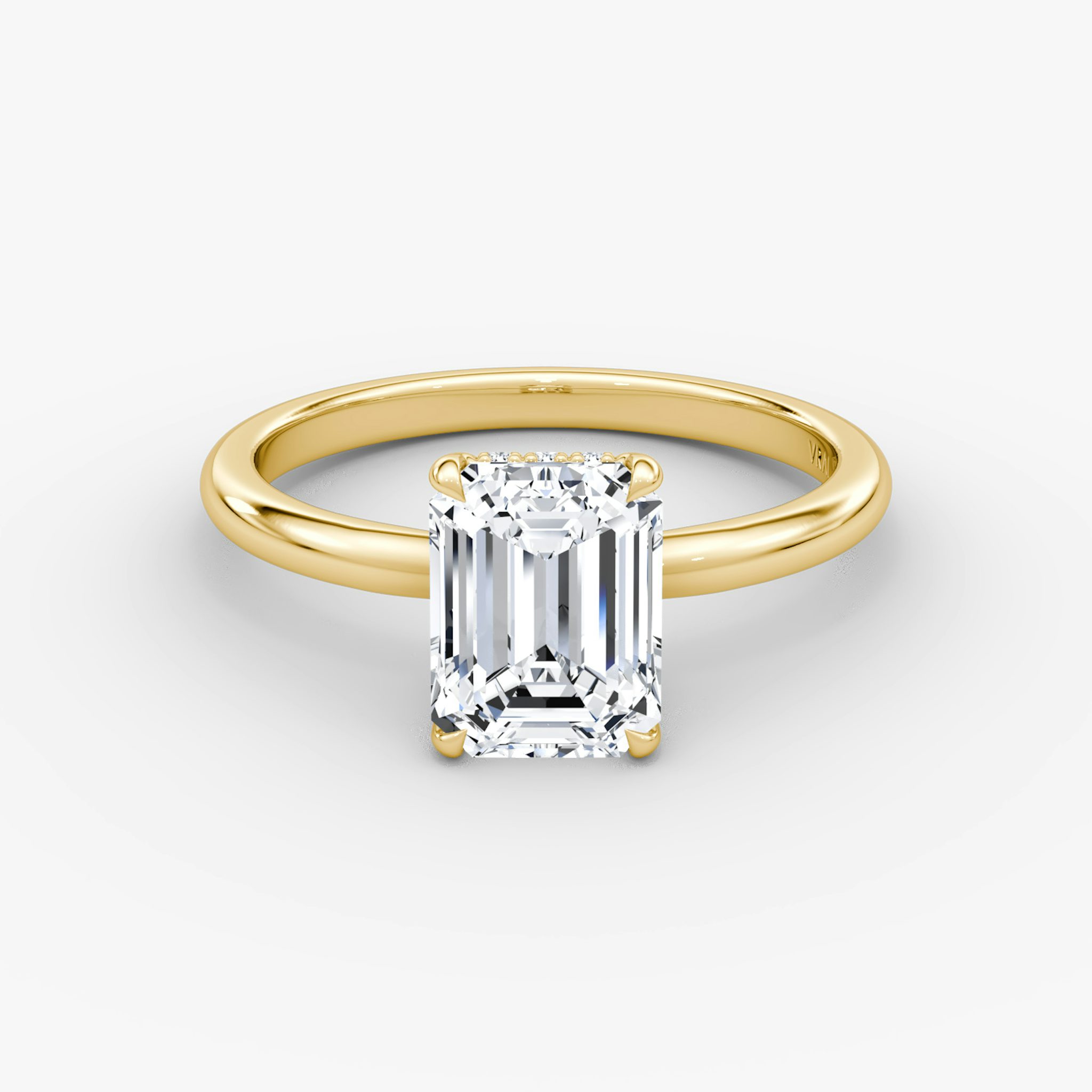 The Signature | Emerald | 18k | Yellow Gold | bandAccent: Plain | bandWidth: large | hiddenHalo: yes | diamondOrientation: vertical | caratWeight: other