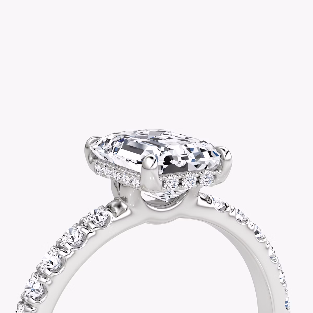The Signature | Emerald | 18k | White Gold | bandAccent: Pavé | bandWidth: large | hiddenHalo: yes | diamondOrientation: vertical | caratWeight: other