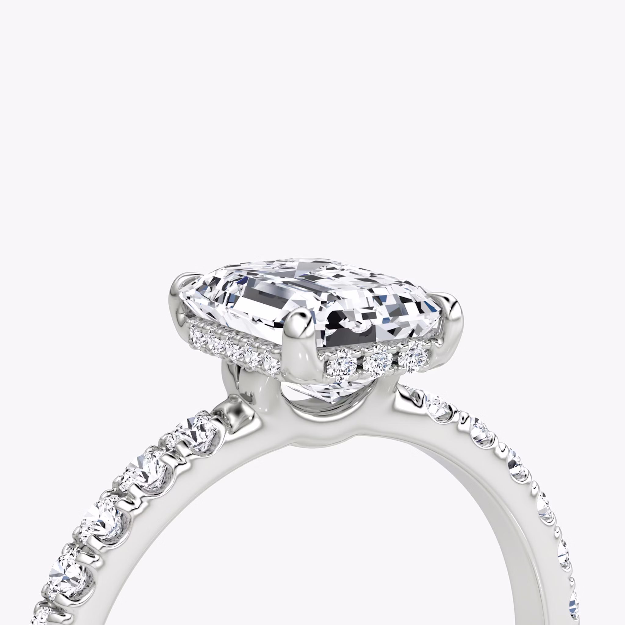 The Signature | Emerald | 18k | White Gold | bandAccent: Pavé | bandWidth: large | hiddenHalo: yes | diamondOrientation: vertical | caratWeight: other