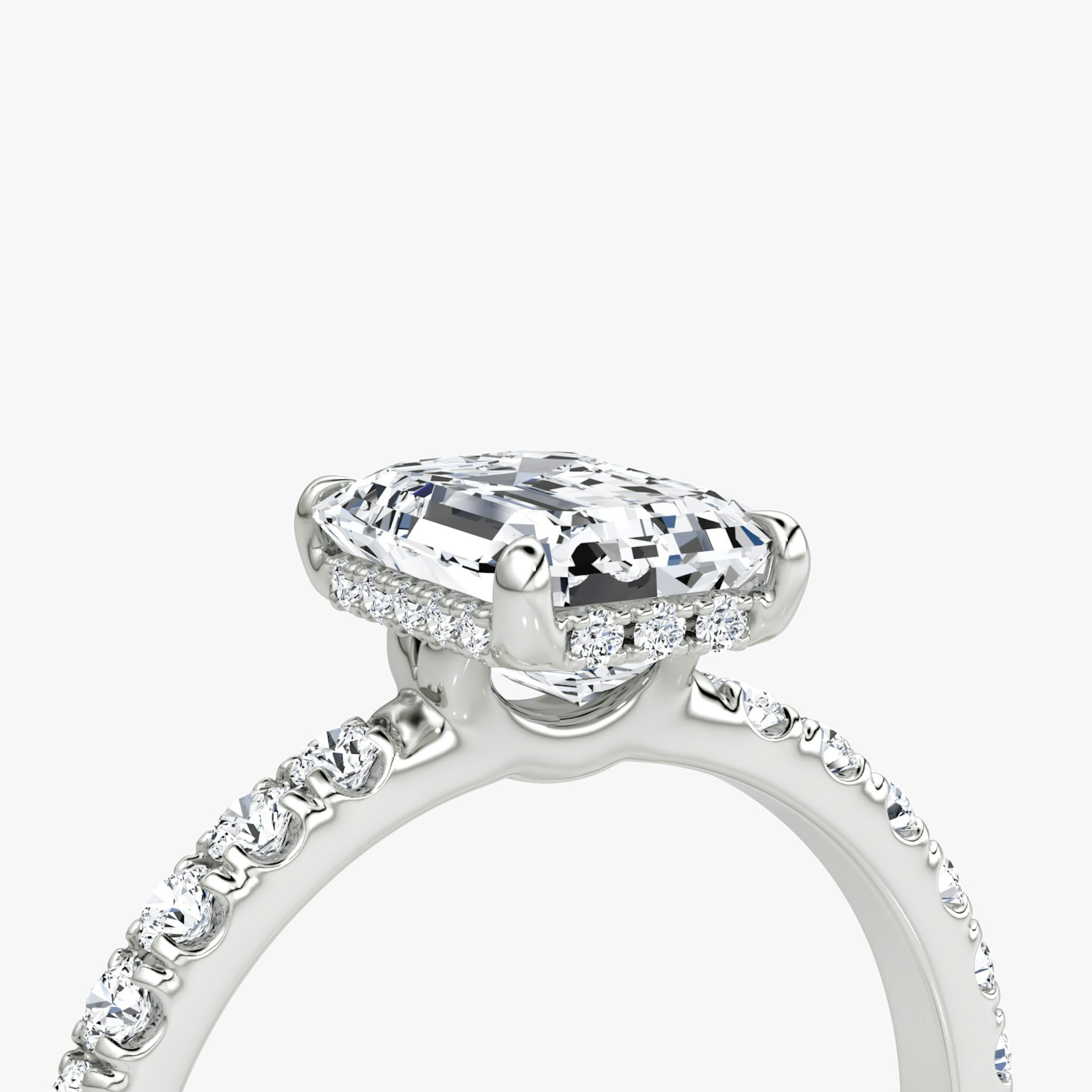 The Signature | Emerald | 18k | White Gold | bandAccent: Pavé | bandWidth: large | hiddenHalo: yes | diamondOrientation: vertical | caratWeight: other