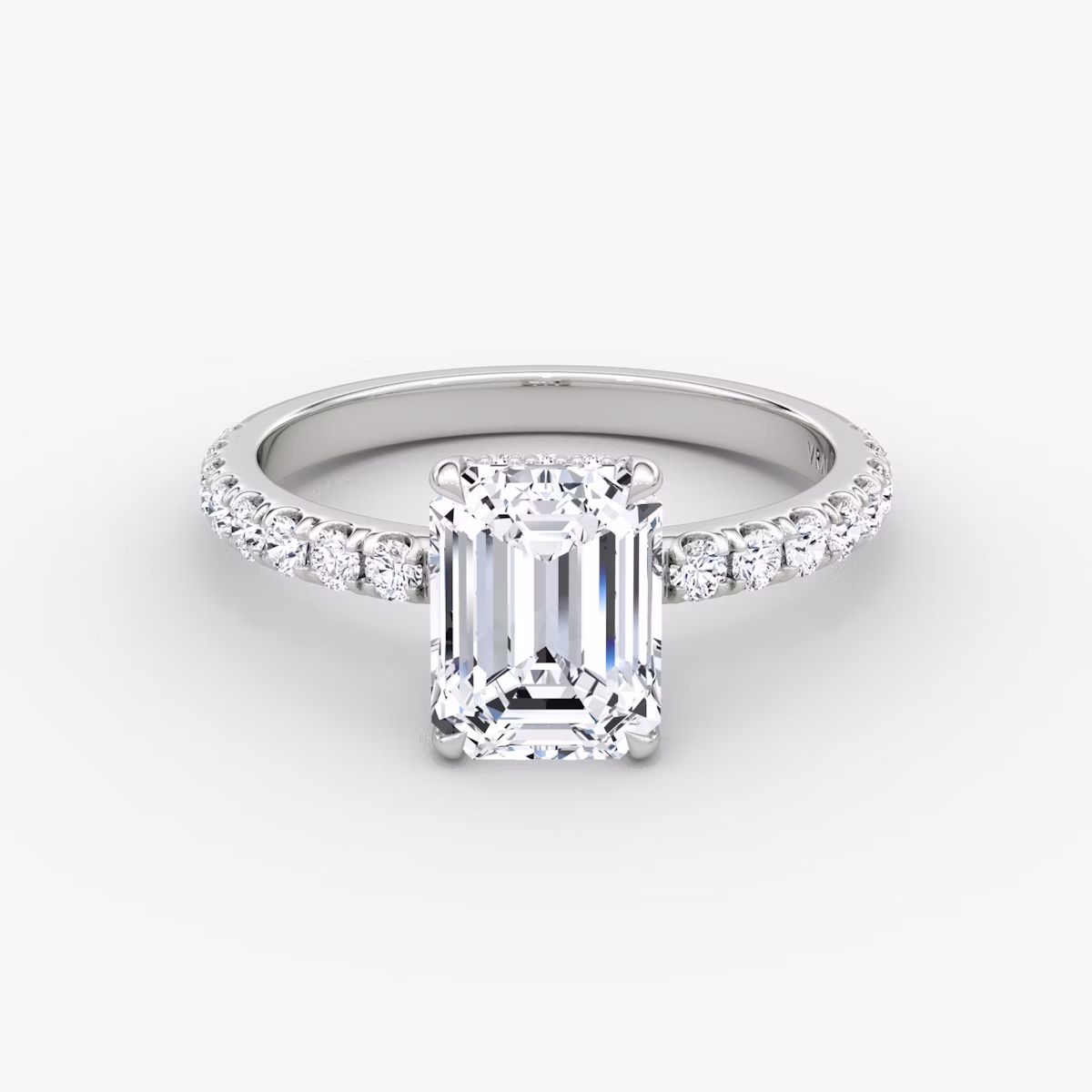 The Signature | Emerald | 18k | White Gold | bandAccent: Pavé | bandWidth: large | hiddenHalo: yes | diamondOrientation: vertical | caratWeight: other