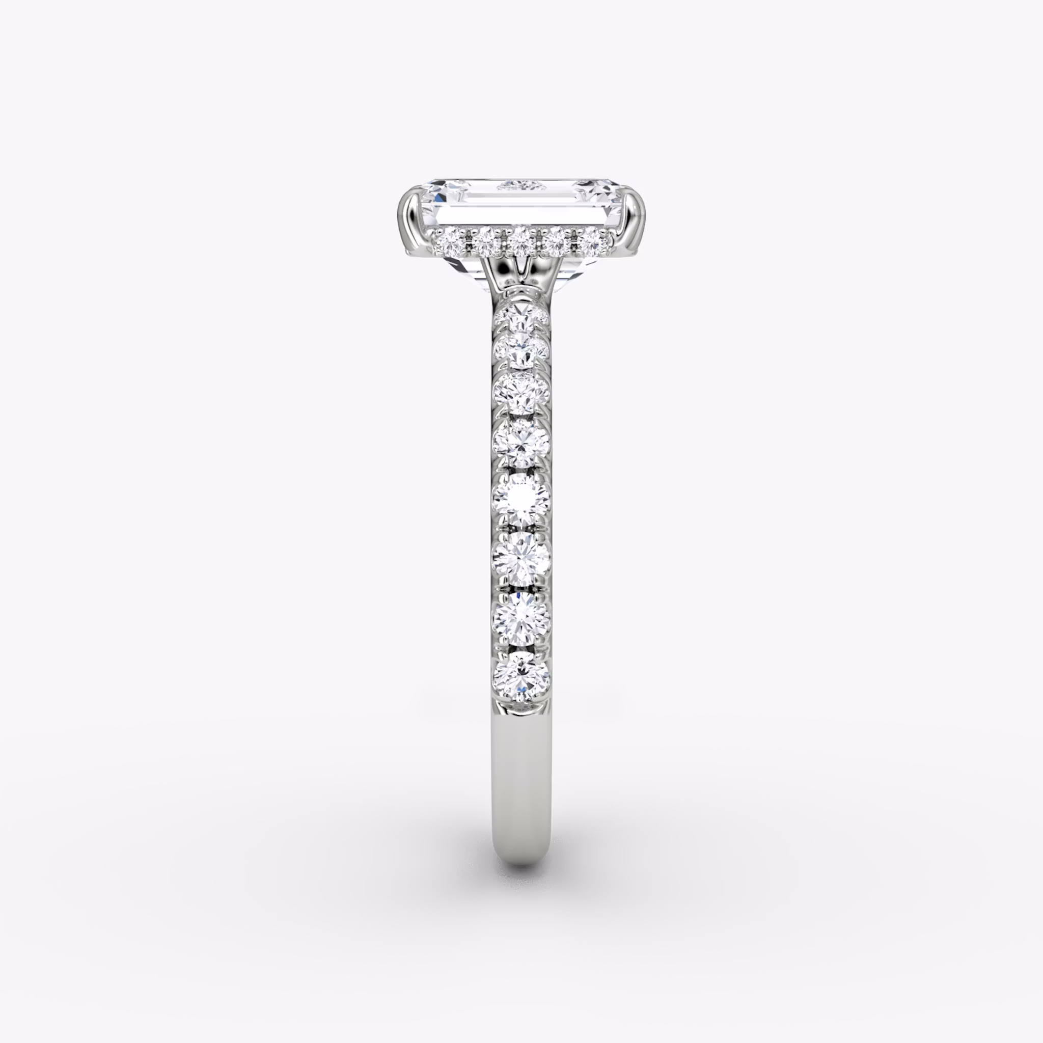 The Signature | Emerald | 18k | White Gold | bandAccent: Pavé | bandWidth: large | hiddenHalo: yes | diamondOrientation: vertical | caratWeight: other
