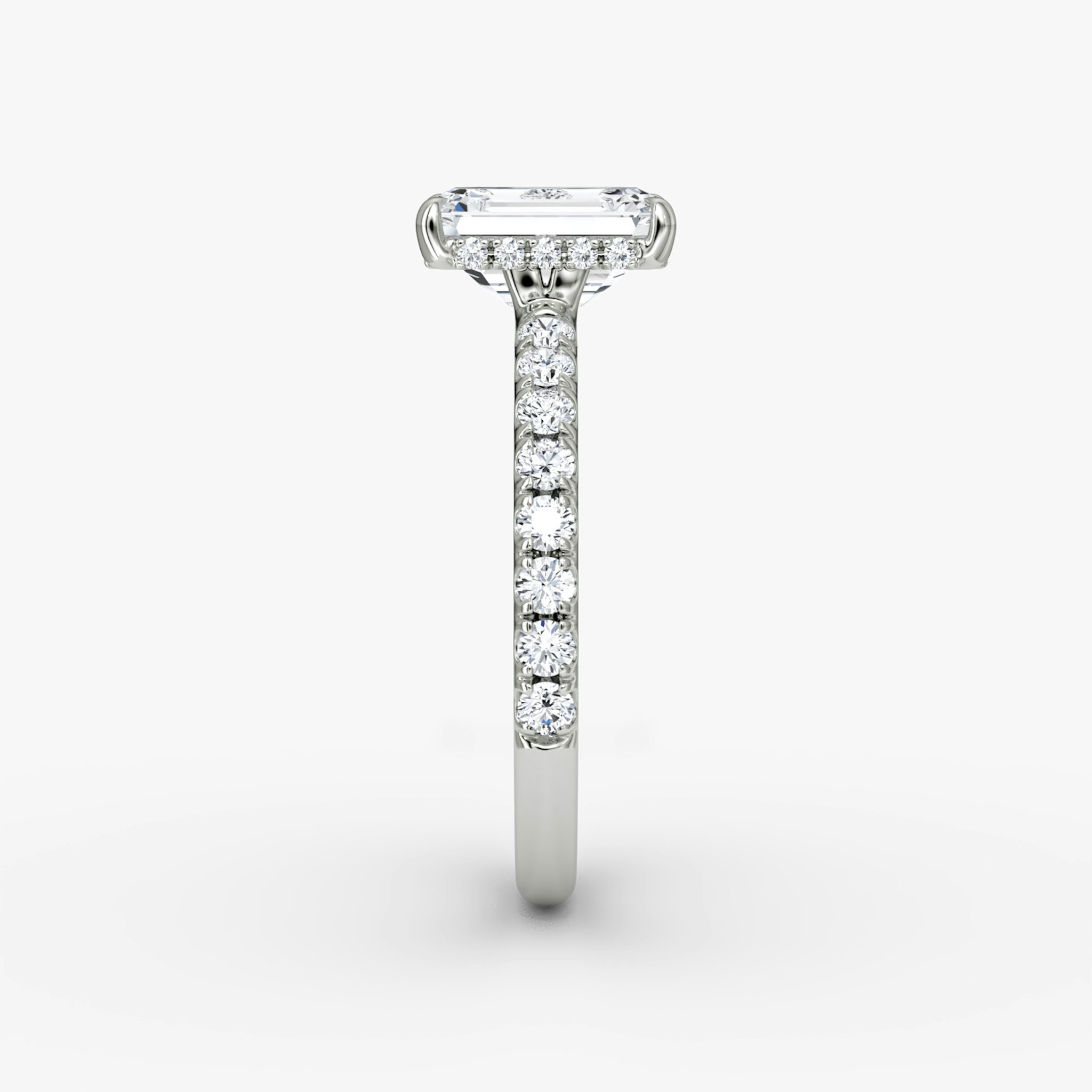 The Signature | Emerald | 18k | White Gold | bandAccent: Pavé | bandWidth: large | hiddenHalo: yes | diamondOrientation: vertical | caratWeight: other
