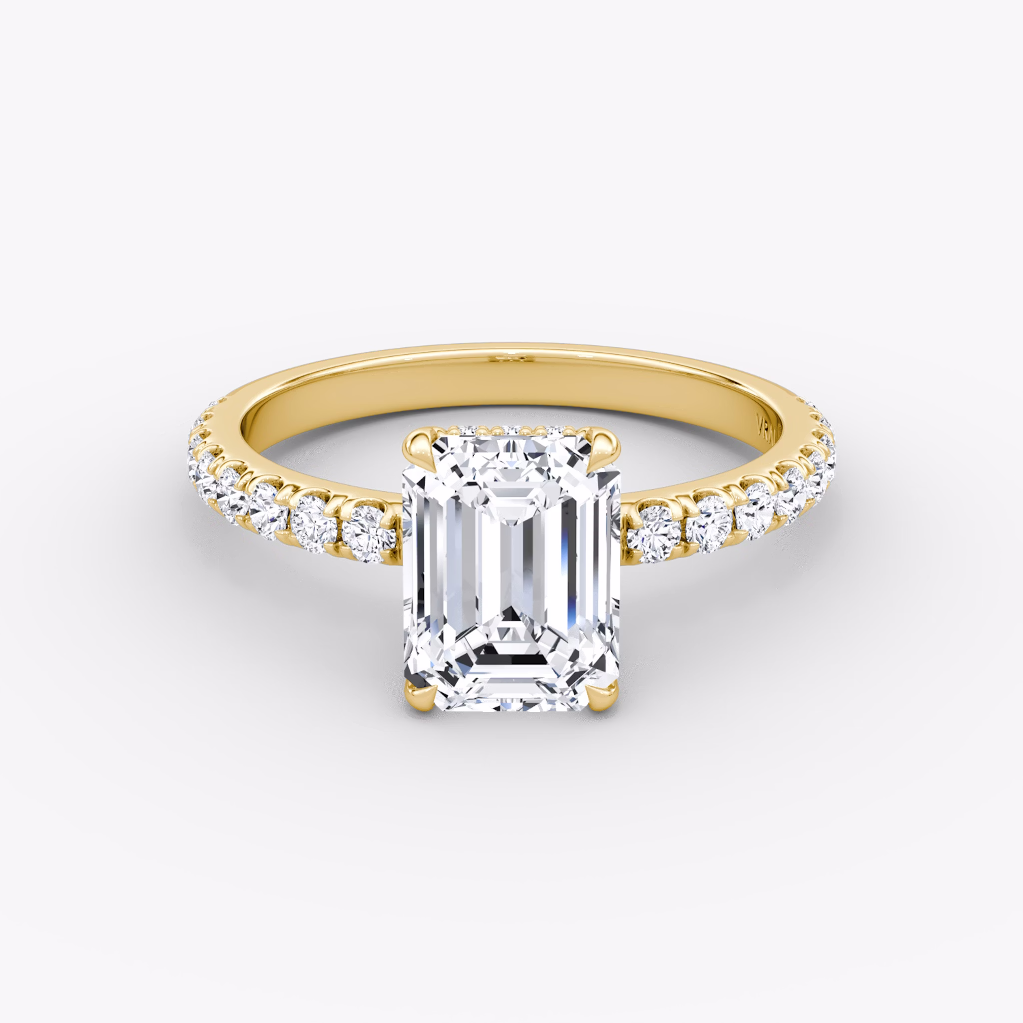 The Signature | Emerald | 18k | Yellow Gold | bandAccent: Pavé | bandWidth: large | hiddenHalo: yes | diamondOrientation: vertical | caratWeight: other