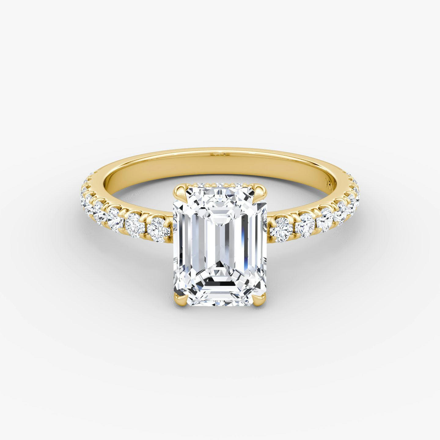 The Signature | Emerald | 18k | Yellow Gold | bandAccent: Pavé | bandWidth: large | hiddenHalo: yes | diamondOrientation: vertical | caratWeight: other