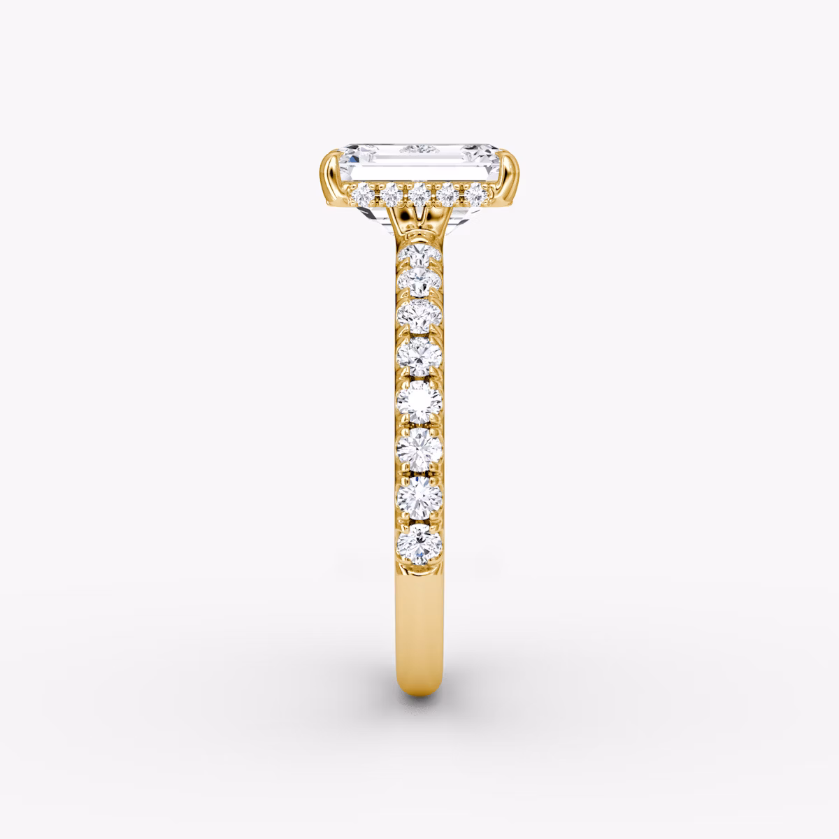 The Signature | Emerald | 18k | Yellow Gold | bandAccent: Pavé | bandWidth: large | hiddenHalo: yes | diamondOrientation: vertical | caratWeight: other