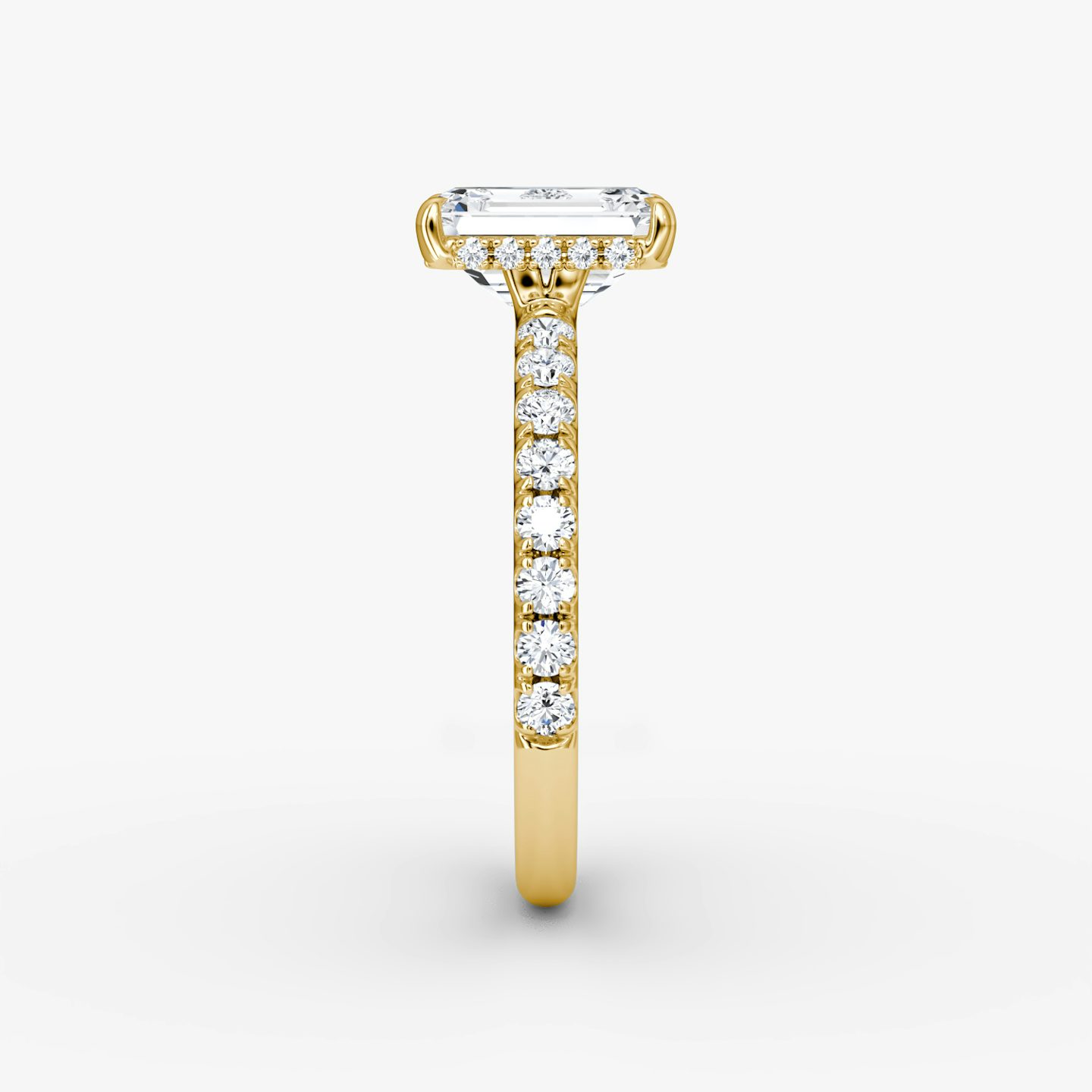 The Signature | Emerald | 18k | Yellow Gold | bandAccent: Pavé | bandWidth: large | hiddenHalo: yes | diamondOrientation: vertical | caratWeight: other