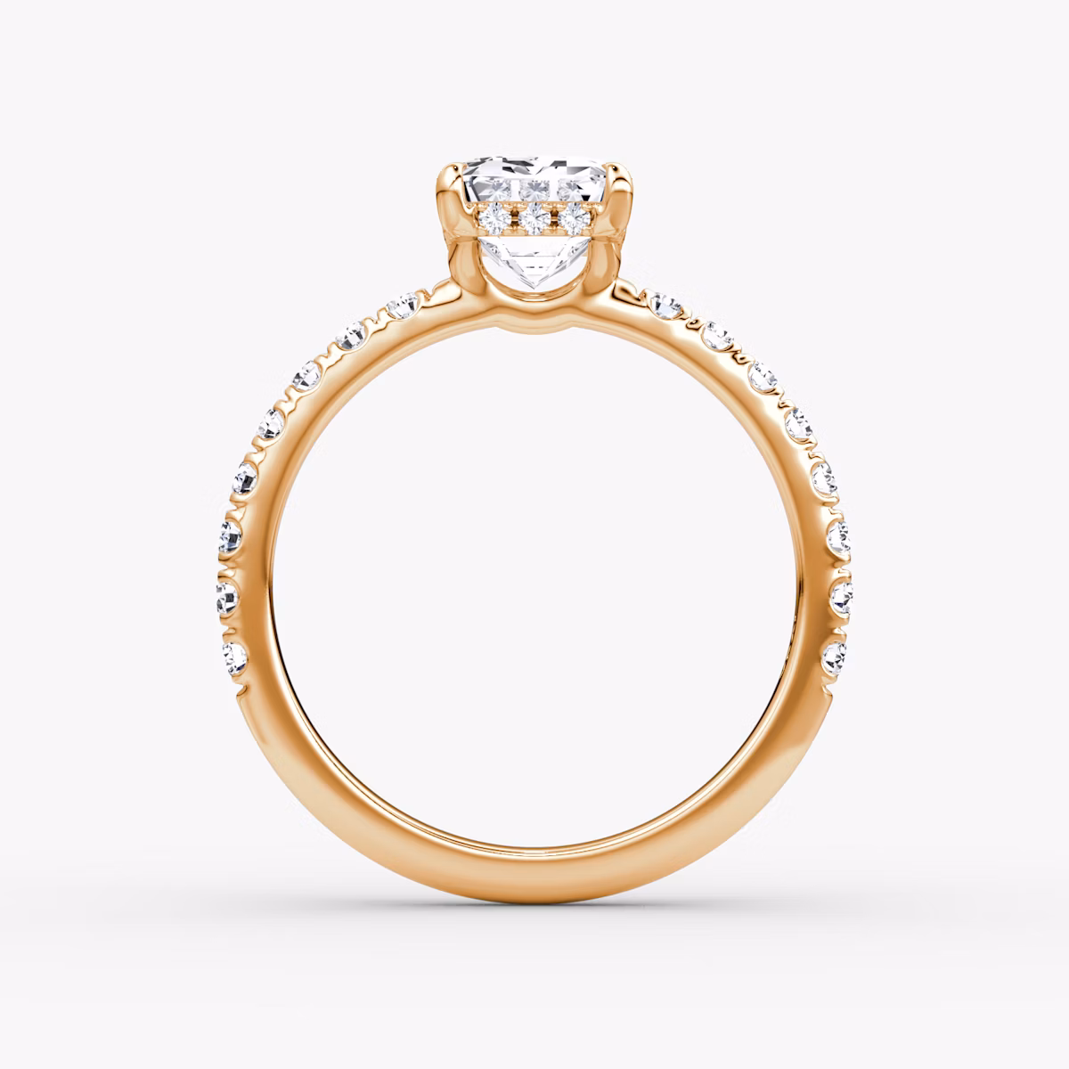 The Signature | Emerald | 14k | Rose Gold | bandAccent: Pavé | bandWidth: large | hiddenHalo: yes | diamondOrientation: vertical | caratWeight: other
