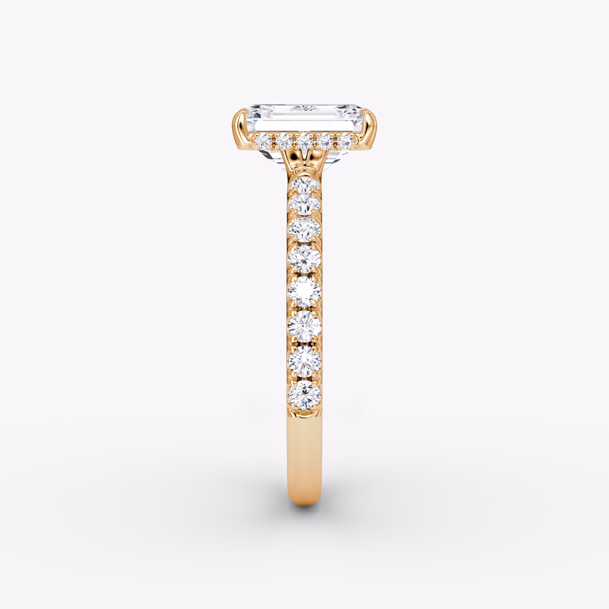 The Signature | Emerald | 14k | Rose Gold | bandAccent: Pavé | bandWidth: large | hiddenHalo: yes | diamondOrientation: vertical | caratWeight: other