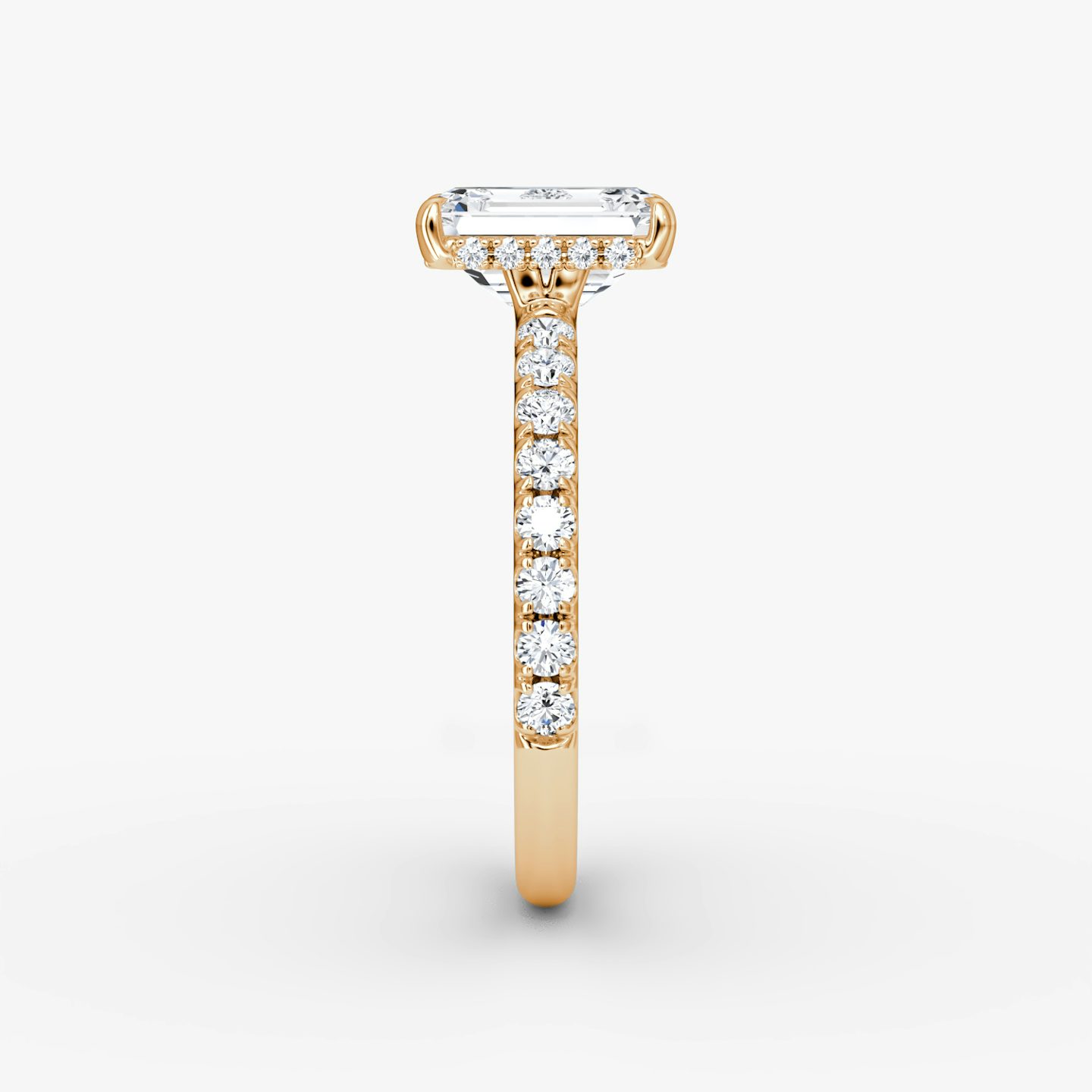 The Signature | Emerald | 14k | Rose Gold | bandAccent: Pavé | bandWidth: large | hiddenHalo: yes | diamondOrientation: vertical | caratWeight: other