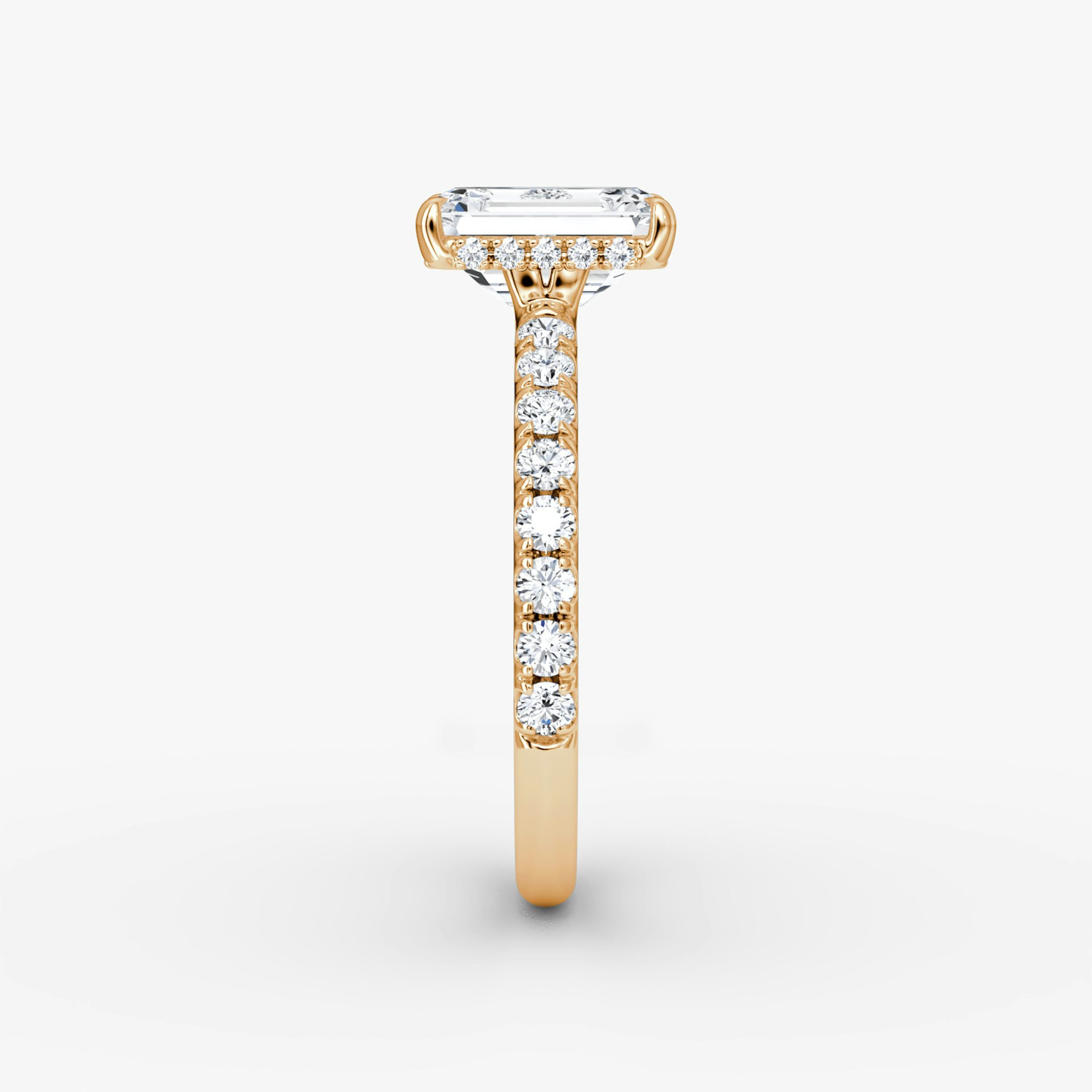 The Signature | Emerald | 14k | Rose Gold | bandAccent: Pavé | bandWidth: large | hiddenHalo: yes | diamondOrientation: vertical | caratWeight: other