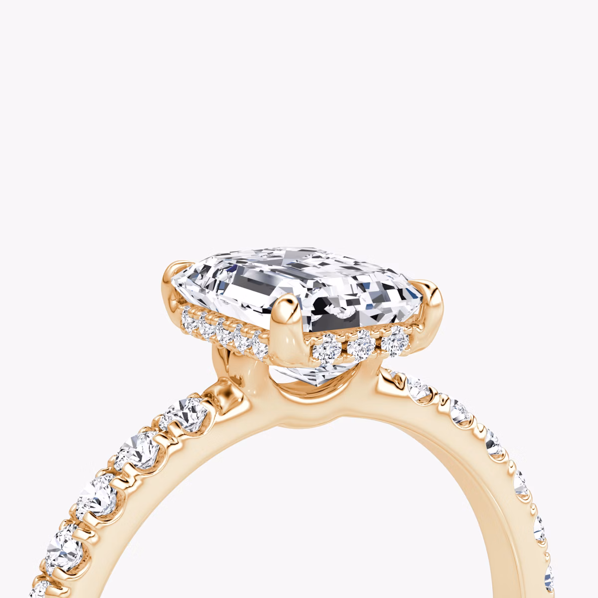 The Signature | Emerald | 14k | Rose Gold | bandAccent: Pavé | bandWidth: large | hiddenHalo: yes | diamondOrientation: vertical | caratWeight: other
