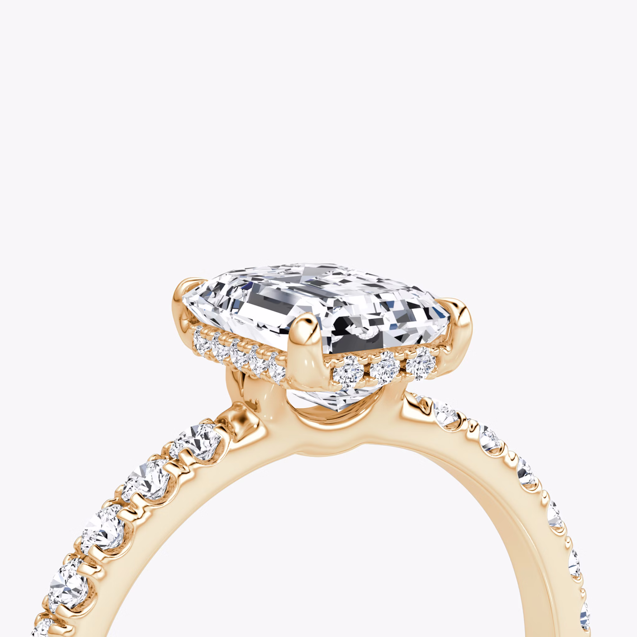 The Signature | Emerald | 14k | Rose Gold | bandAccent: Pavé | bandWidth: large | hiddenHalo: yes | diamondOrientation: vertical | caratWeight: other