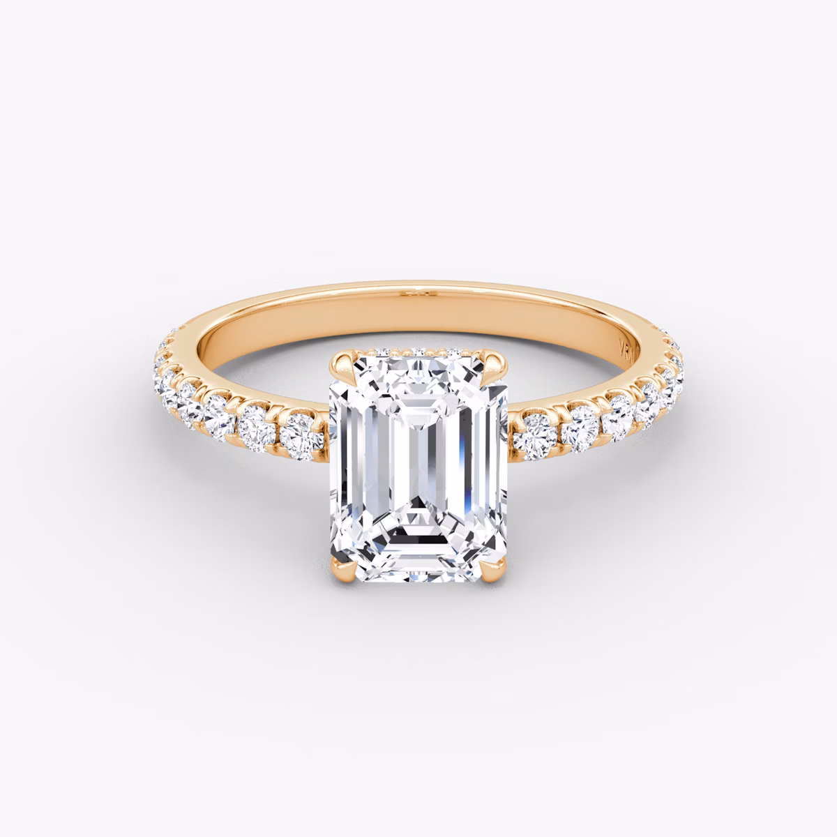 The Signature | Emerald | 14k | Rose Gold | bandAccent: Pavé | bandWidth: large | hiddenHalo: yes | diamondOrientation: vertical | caratWeight: other