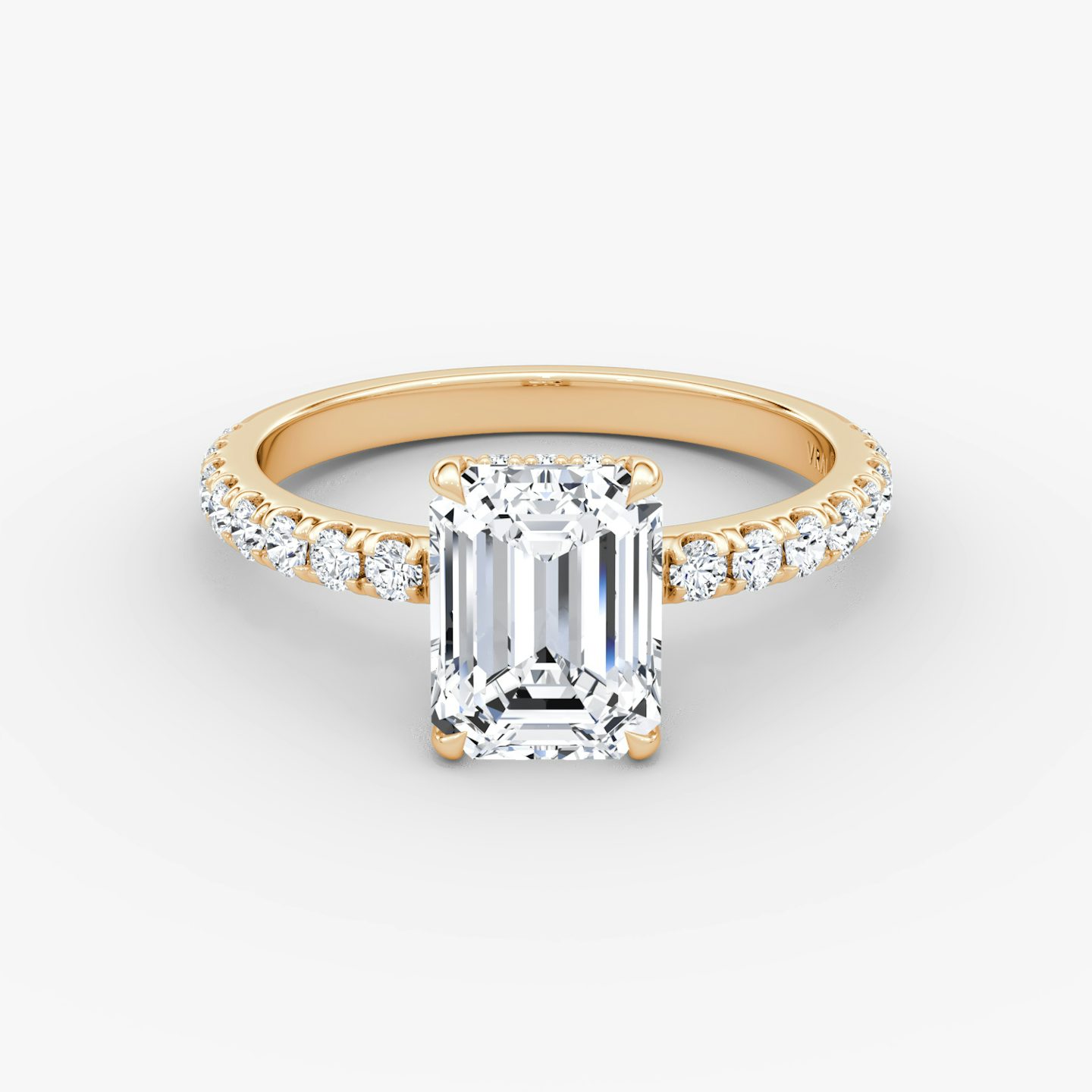 The Signature | Emerald | 14k | Rose Gold | bandAccent: Pavé | bandWidth: large | hiddenHalo: yes | diamondOrientation: vertical | caratWeight: other