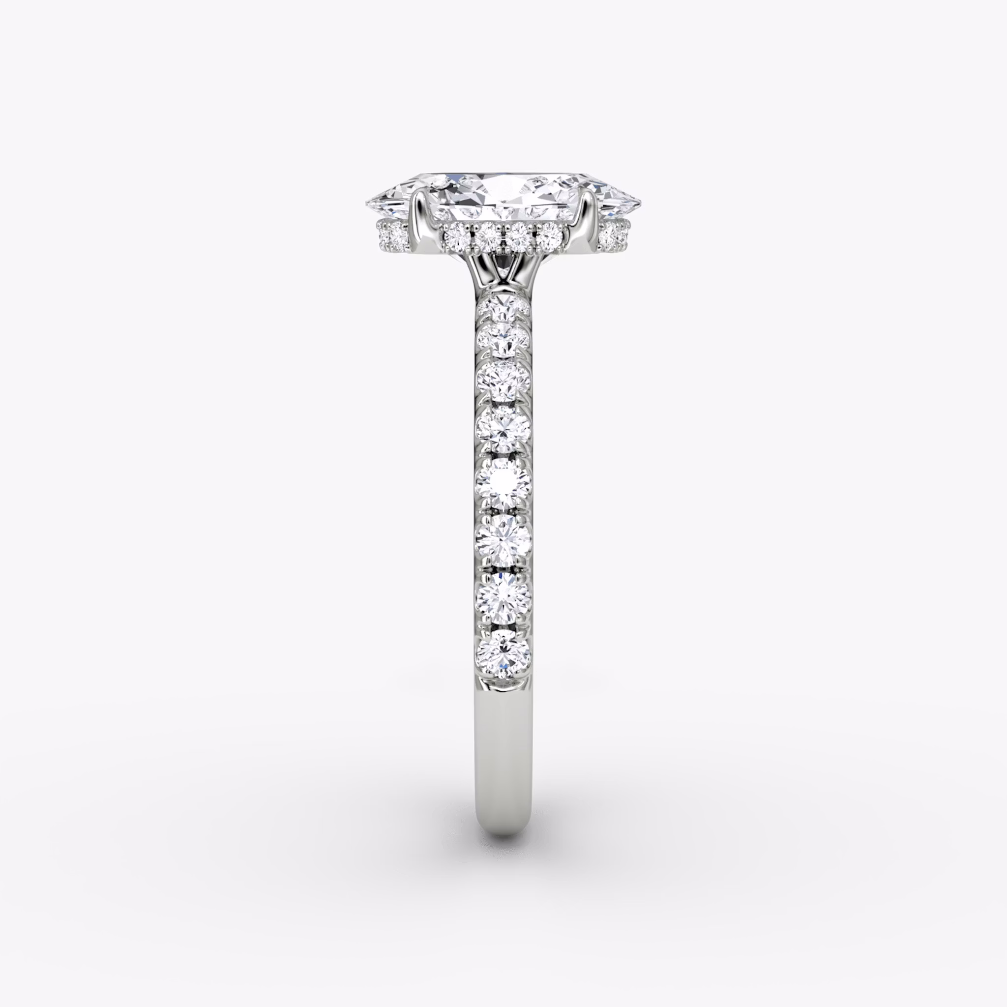 The Signature | Oval | 18k | White Gold | bandAccent: Pavé | bandWidth: large | hiddenHalo: yes | diamondOrientation: vertical | caratWeight: other