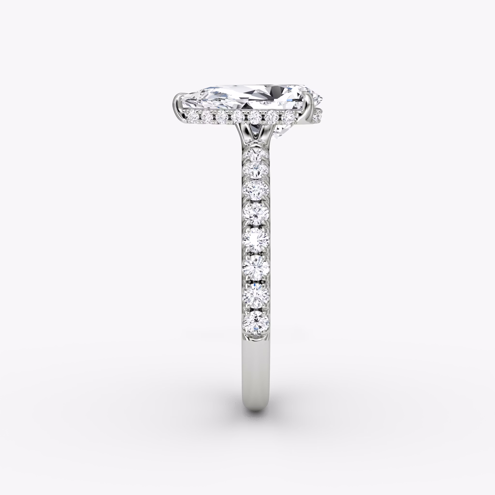 The Signature | Pear | 18k | White Gold | bandAccent: Pavé | bandWidth: large | hiddenHalo: yes | diamondOrientation: vertical | caratWeight: other