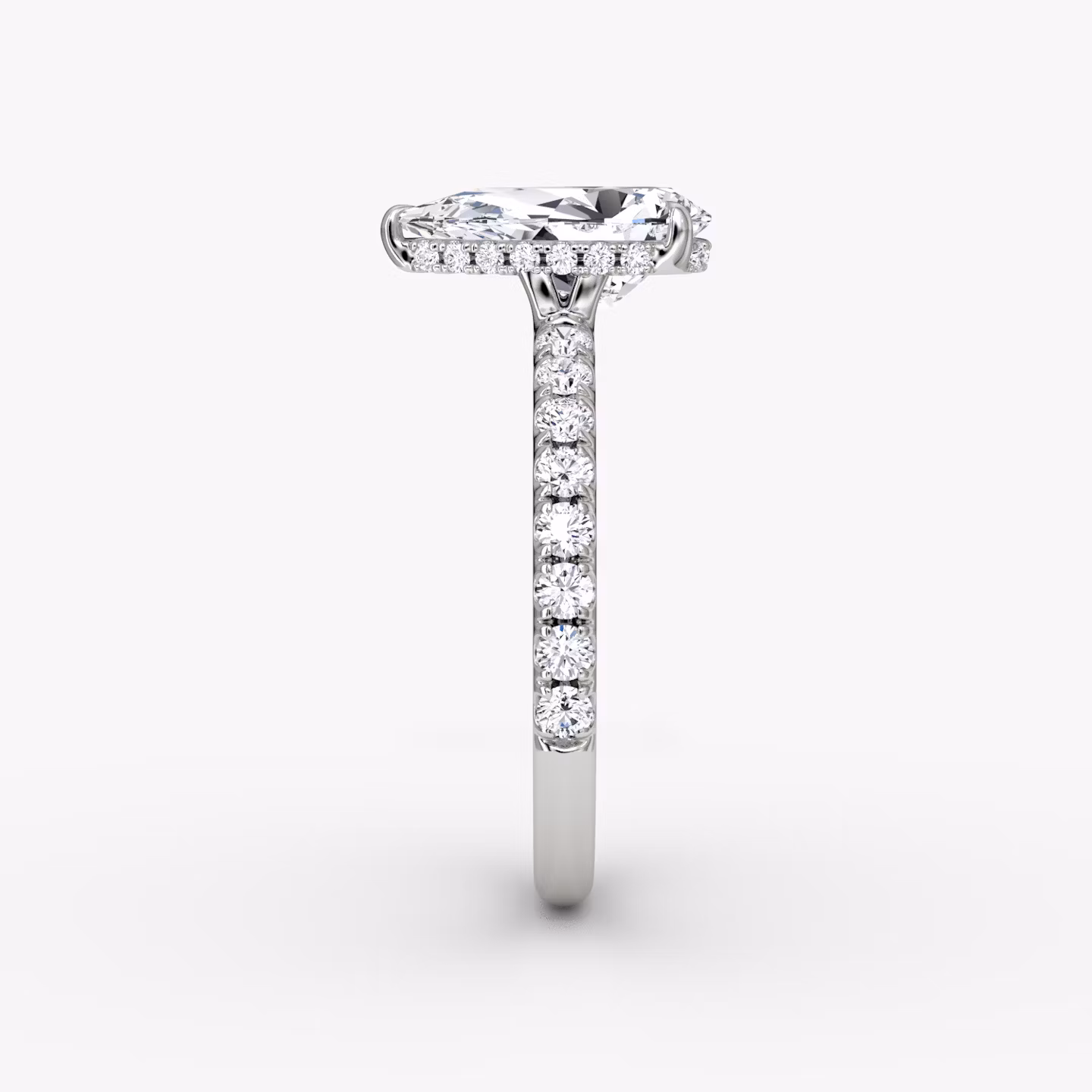 The Signature | Pear | 18k | White Gold | bandAccent: Pavé | bandWidth: large | hiddenHalo: yes | diamondOrientation: vertical | caratWeight: other