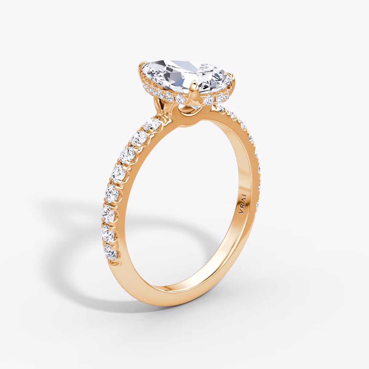 The Signature | Pear | 14k | Rose Gold | bandAccent: Pavé | bandWidth: large | hiddenHalo: yes | diamondOrientation: vertical | caratWeight: other