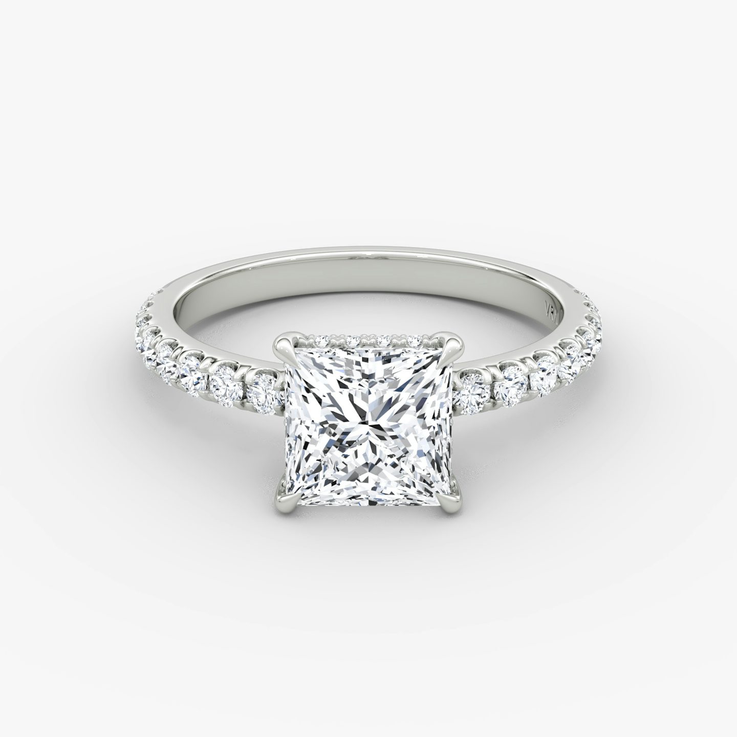 The Signature | Princess | Platinum | bandAccent: Pavé | bandWidth: large | hiddenHalo: yes | diamondOrientation: vertical | caratWeight: other