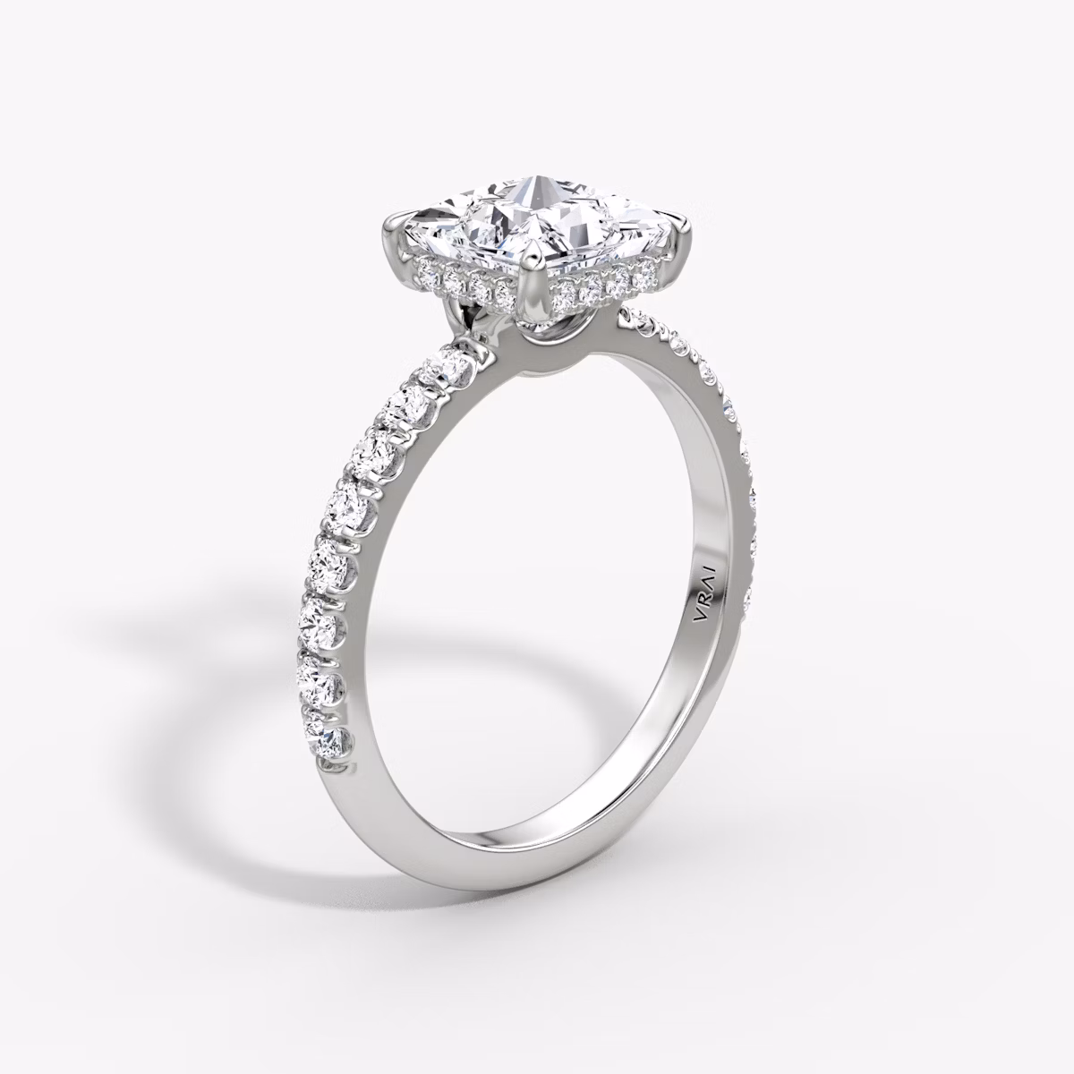 The Signature | Princess | Platinum | bandAccent: Pavé | bandWidth: large | hiddenHalo: yes | diamondOrientation: vertical | caratWeight: other