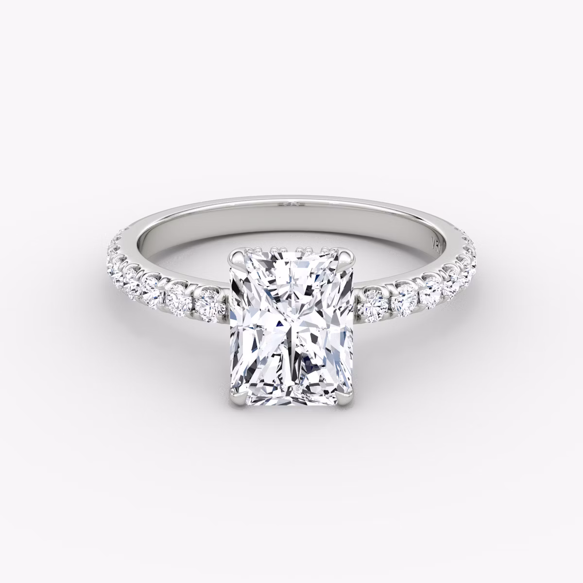 The Signature | Radiant | 18k | White Gold | bandAccent: Pavé | bandWidth: large | hiddenHalo: yes | diamondOrientation: vertical | caratWeight: other