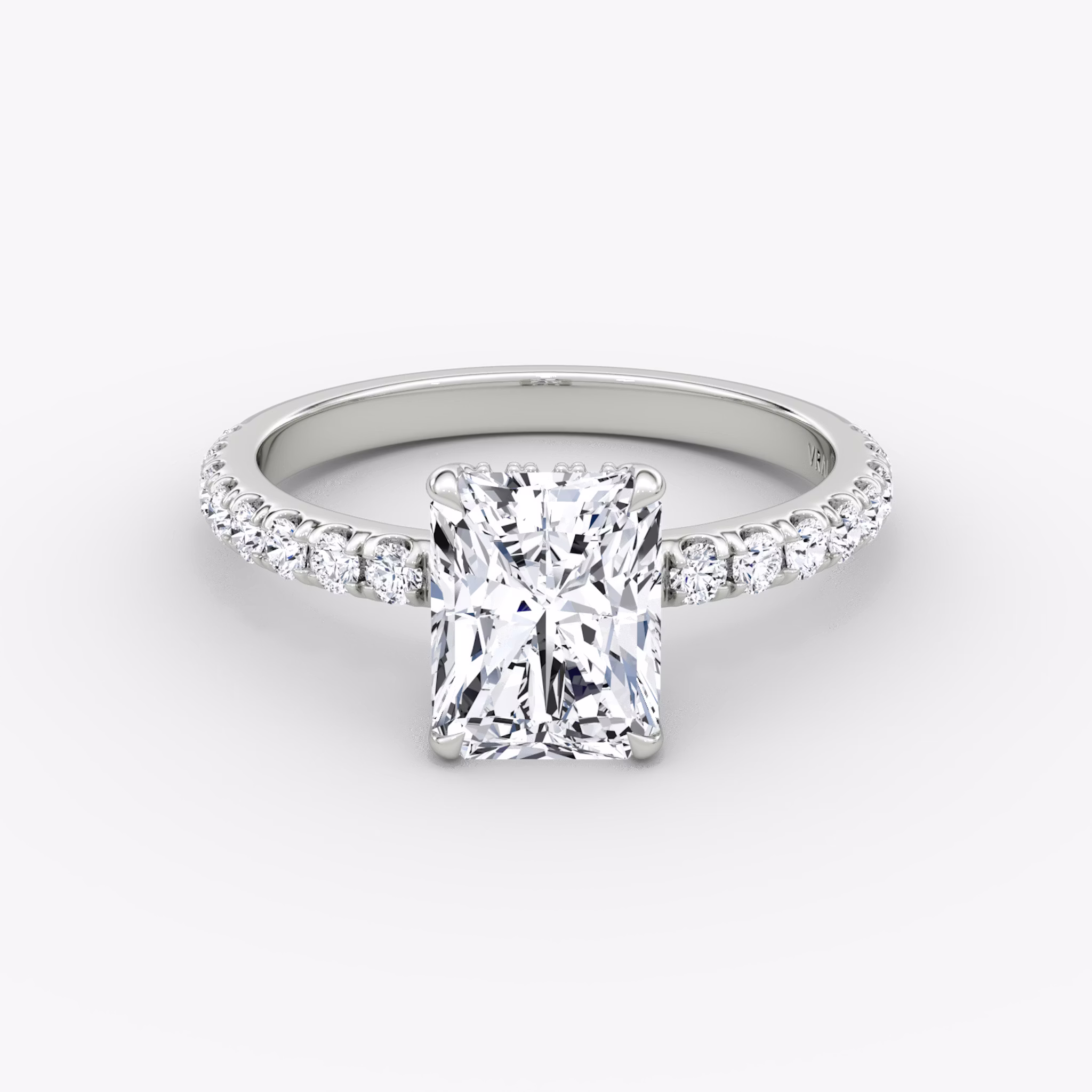 The Signature | Radiant | 18k | White Gold | bandAccent: Pavé | bandWidth: large | hiddenHalo: yes | diamondOrientation: vertical | caratWeight: other