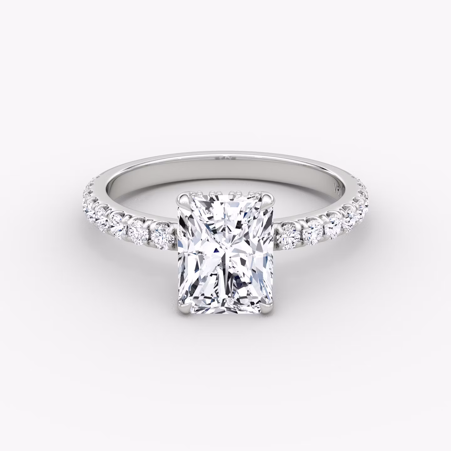 The Signature | Radiant | 18k | White Gold | bandAccent: Pavé | bandWidth: large | hiddenHalo: yes | diamondOrientation: vertical | caratWeight: other