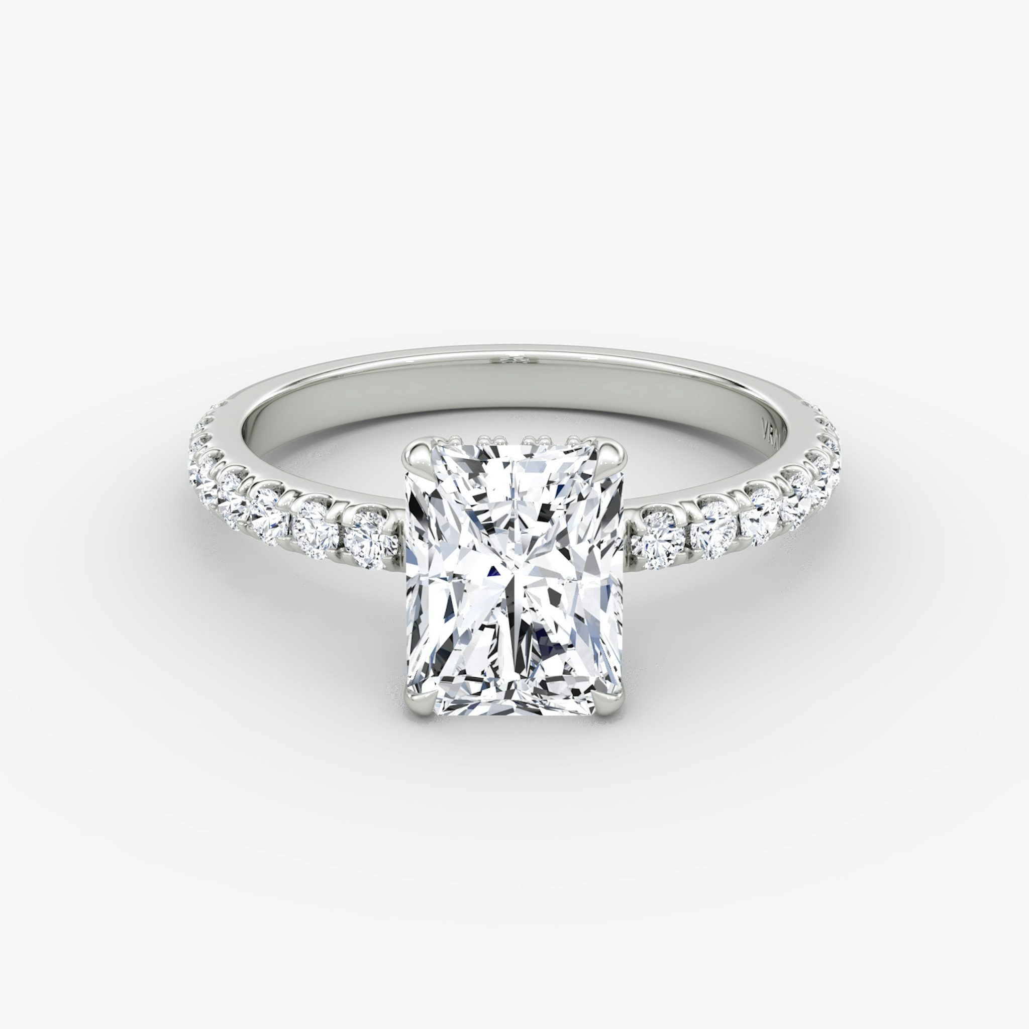 The Signature | Radiant | 18k | White Gold | bandAccent: Pavé | bandWidth: large | hiddenHalo: yes | diamondOrientation: vertical | caratWeight: other