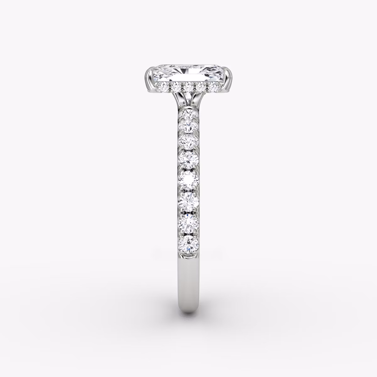The Signature | Radiant | 18k | White Gold | bandAccent: Pavé | bandWidth: large | hiddenHalo: yes | diamondOrientation: vertical | caratWeight: other