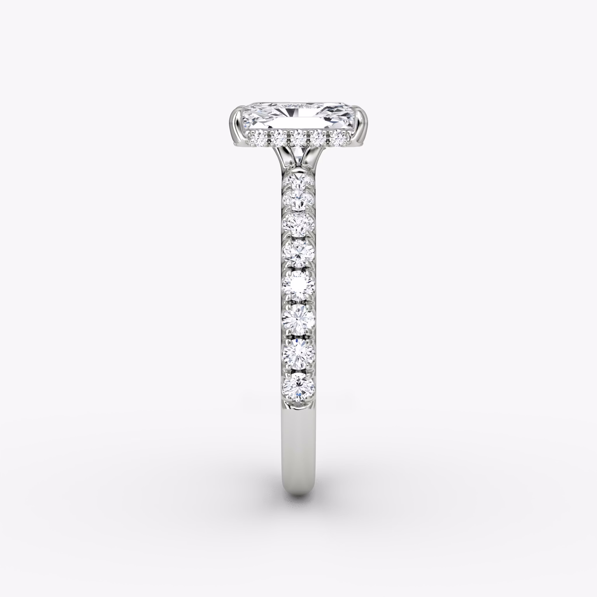 The Signature | Radiant | 18k | White Gold | bandAccent: Pavé | bandWidth: large | hiddenHalo: yes | diamondOrientation: vertical | caratWeight: other