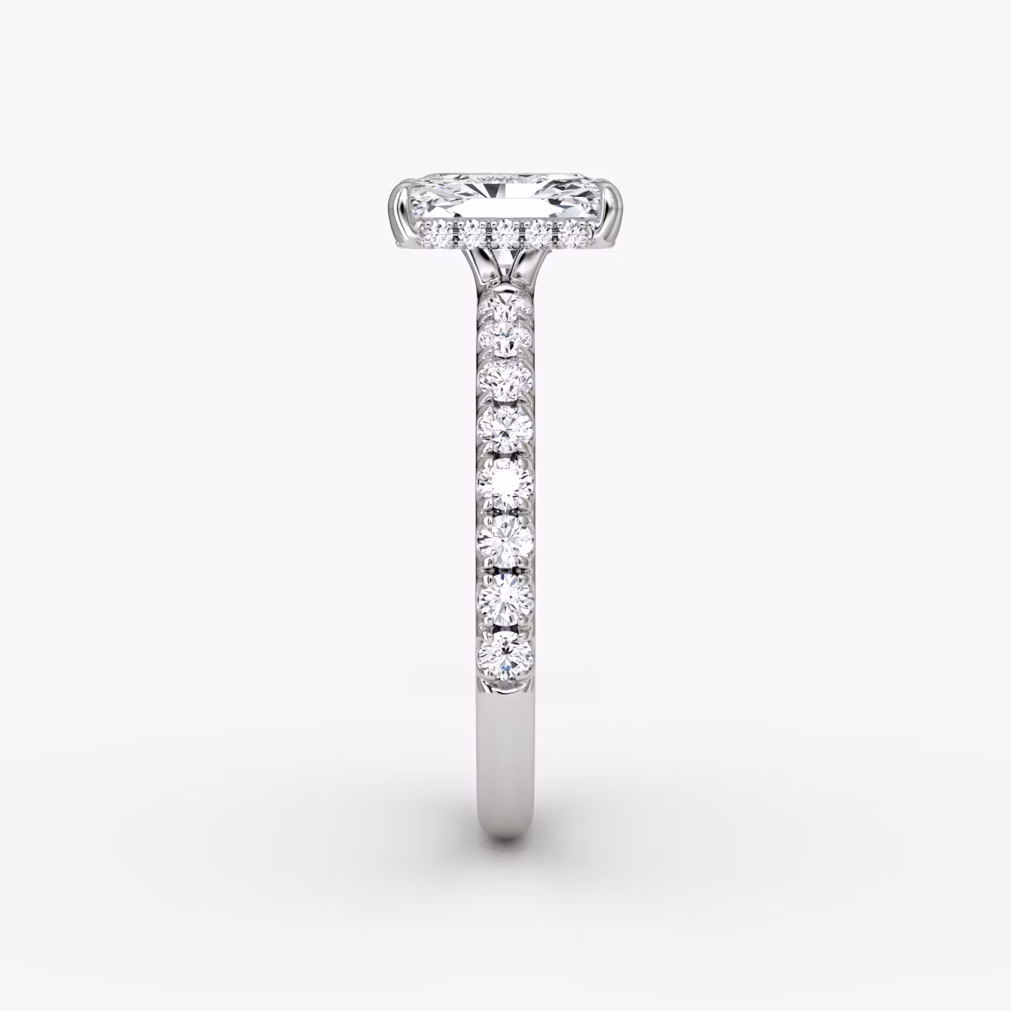 The Signature | Radiant | 18k | White Gold | bandAccent: Pavé | bandWidth: large | hiddenHalo: yes | diamondOrientation: vertical | caratWeight: other