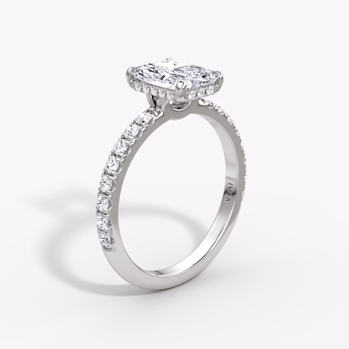 The Signature | Radiant | 18k | White Gold | bandAccent: Pavé | bandWidth: large | hiddenHalo: yes | diamondOrientation: vertical | caratWeight: other
