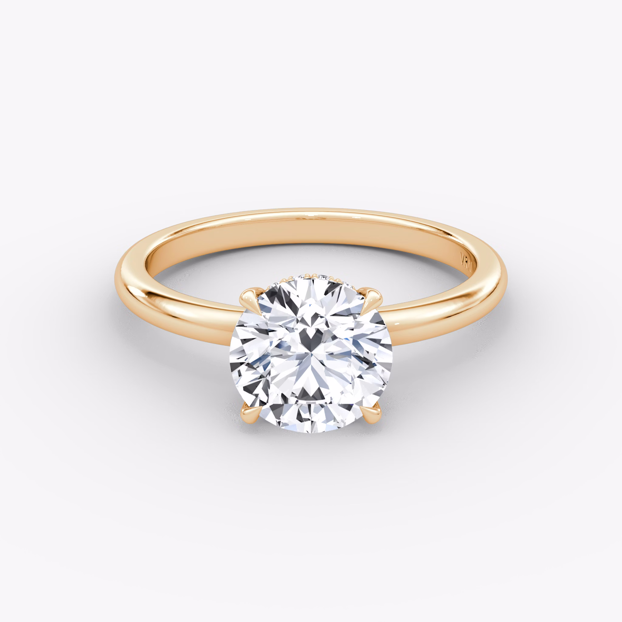 The Signature | Round Brilliant | 14k | Rose Gold | bandAccent: Plain | bandWidth: large | caratWeight: other | hiddenHalo: yes | diamondOrientation: vertical