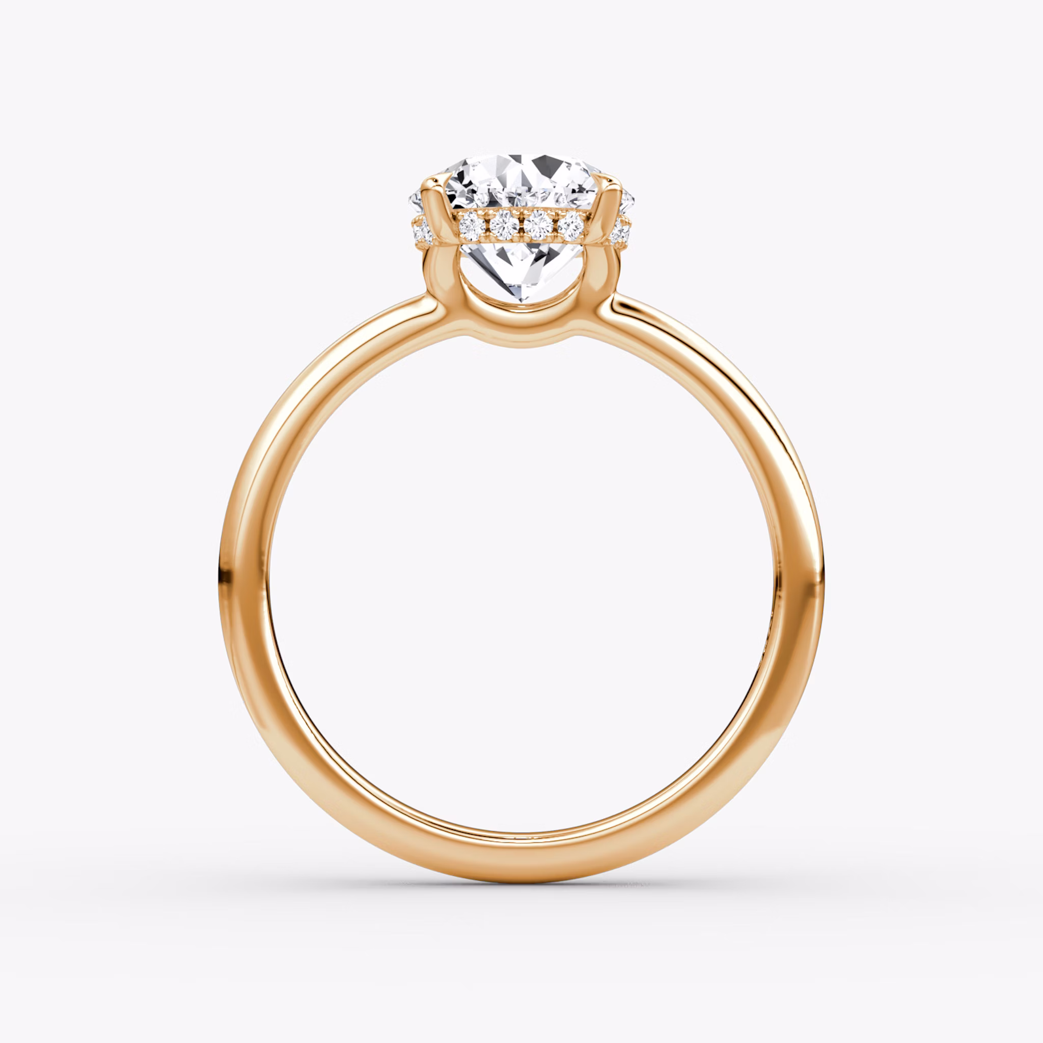 The Signature | Round Brilliant | 14k | Rose Gold | bandAccent: Plain | bandWidth: large | caratWeight: other | hiddenHalo: yes | diamondOrientation: vertical